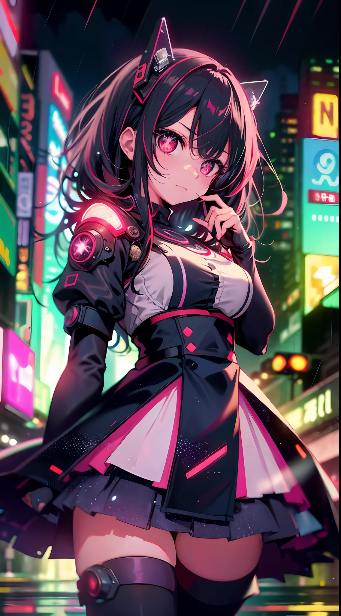 Night, colorful cyberpunk city background, rain, street, maid girl, loli, red eyes, glowing eyes, black stockings, backlight, glow, looking at the audience, low angle lens, looking up lens, perfect composition, perfect light and shadow delicate, 8k