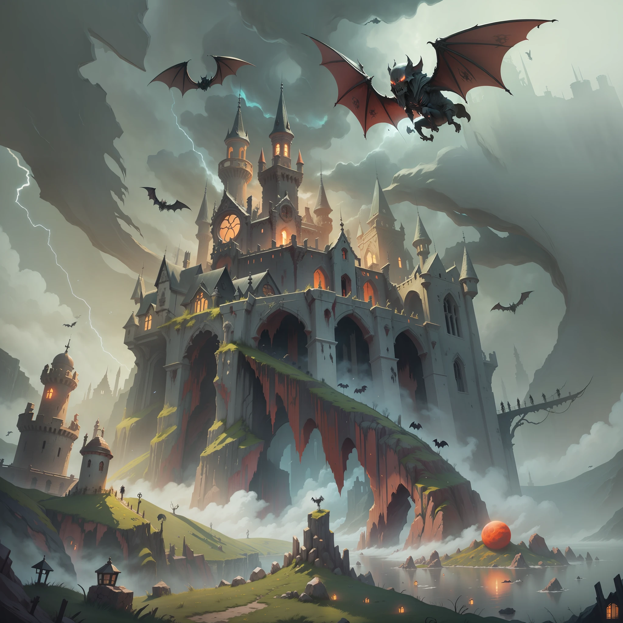 Dark world, cliffs, skeletons everywhere, blood moon, black fog surrounding, levitating Castlevania, point of light, fantasy, ghost flight, bats, barren land