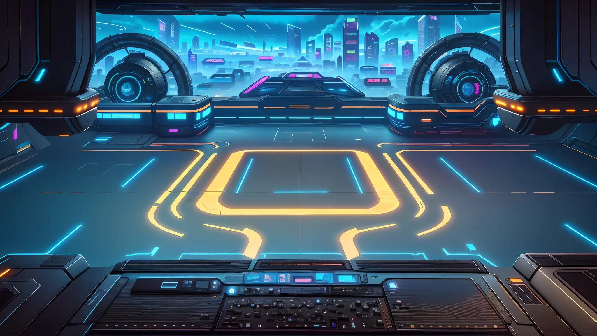 Cyberpunk, broken, there is a picture of the future city of technology, there is a horizontal and wide technology road background, gorgeous bright background, arena background, game background, exaggerated futuristic sci-fi background, cartoon style