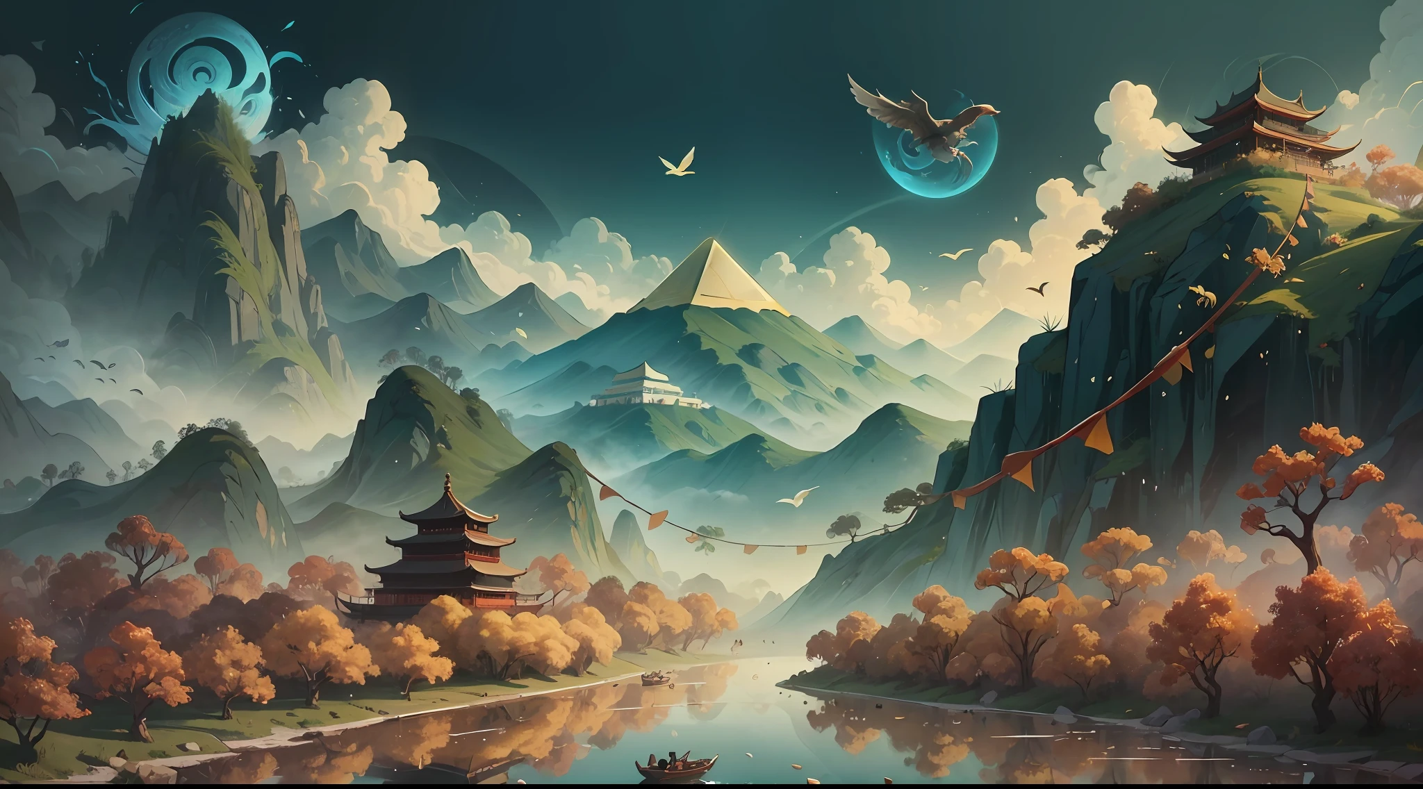 The style of this image is an oriental ink painting, and the image should be presented in a dreamy otherworldly visual style, using a light blue and gold color palette, creating a magnificent atmosphere. It depicts a pyramid-shaped (sweet zongzi: 1.5) like in the painting (a mountain: 1.5), half wrapped in green reed leaves, the filling of the zongzi should be mixed with glutinous rice, red bean paste and jujube sand in a ratio of 8:1:1, in which the glutinous rice grains should be clearly visible. There can be some decorations on the zongzi, such as dates and sesame seeds, to convey the atmosphere of the Chinese Dragon Boat Festival. There are birds and fog in the air. The resolution of the image should be Ultra High Definition (UHD) with attention to detail