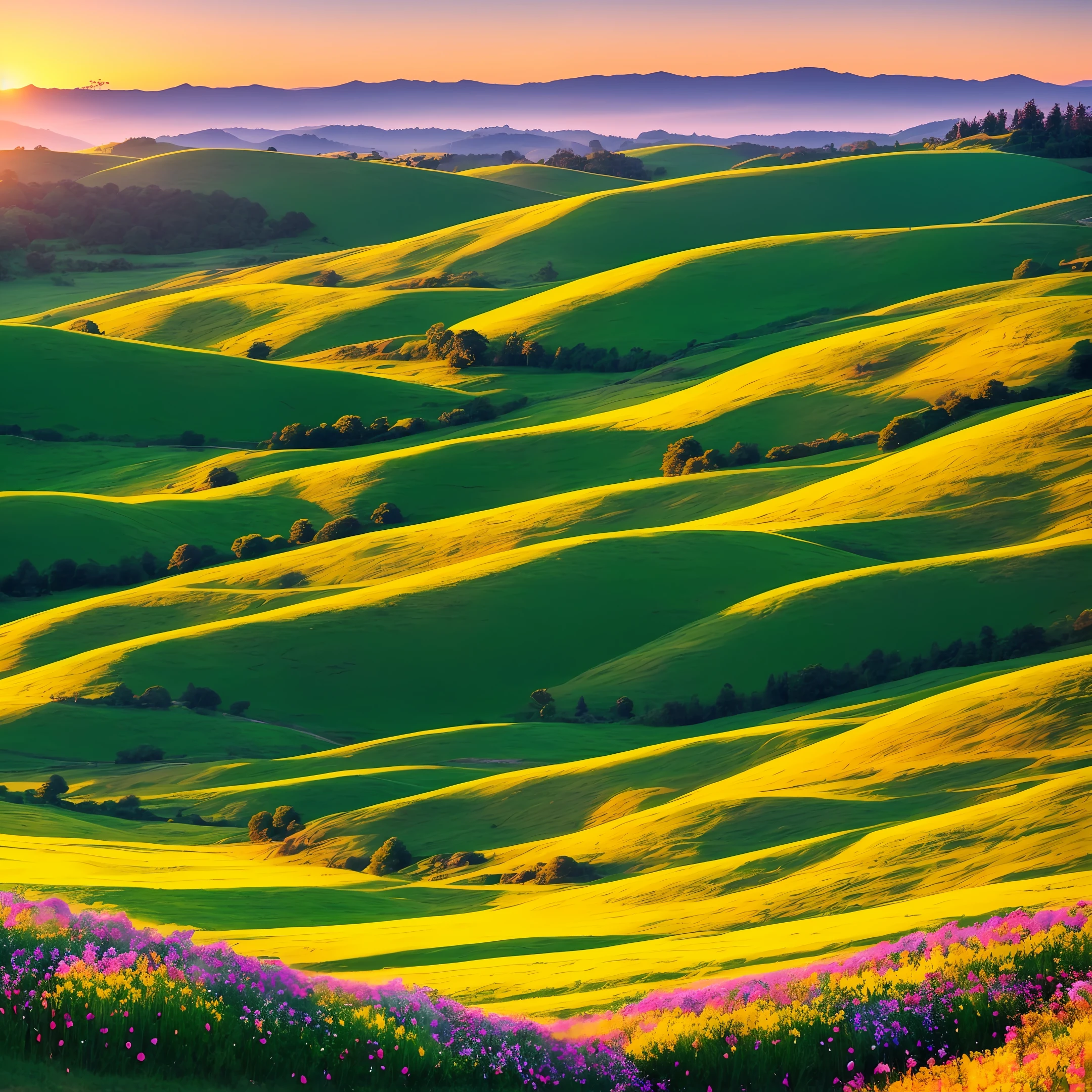 hills, landscape, fields, grasslands, tiny forest on background, sunset, flowers on foreground, flowers on hills