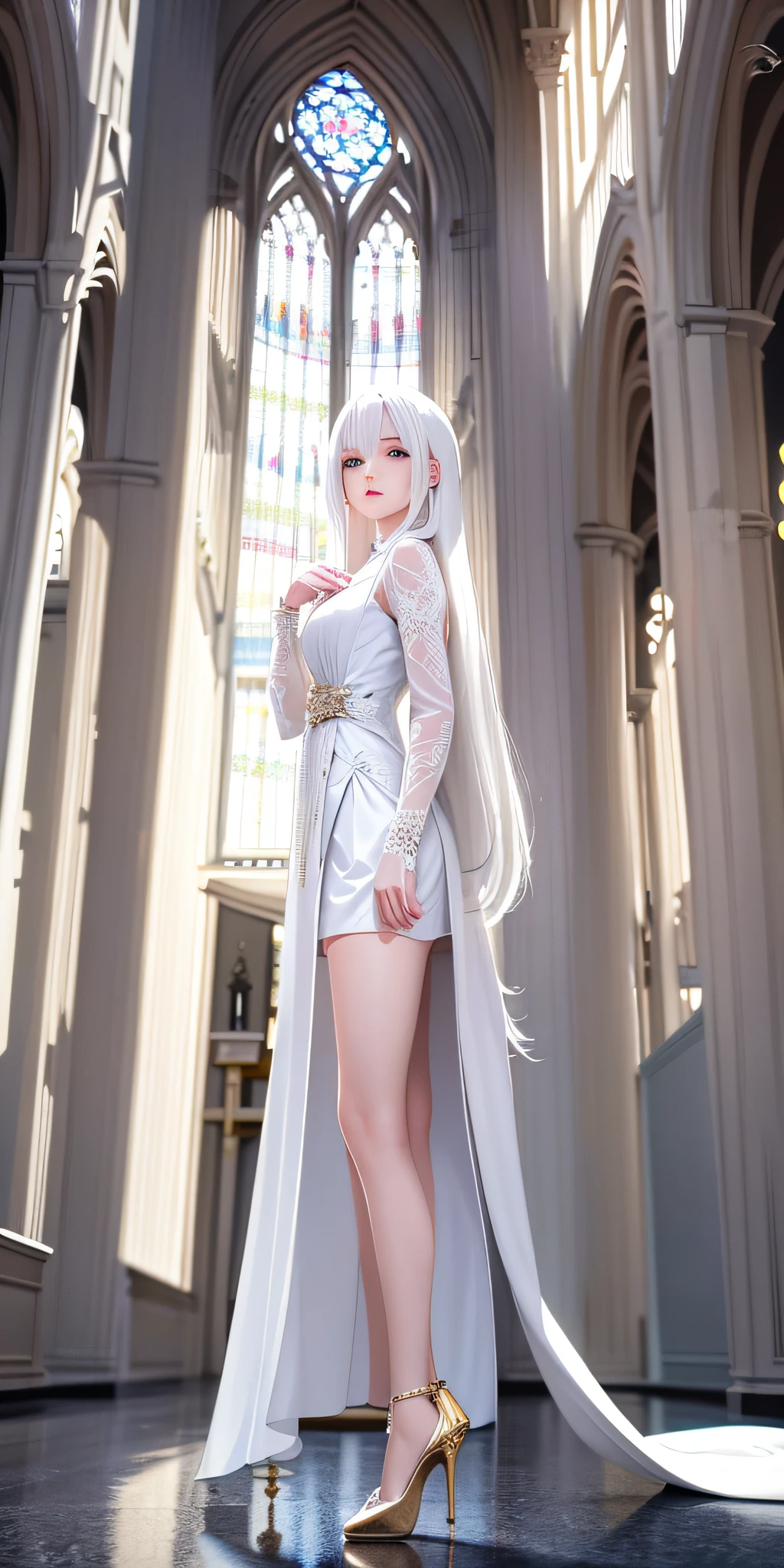 Excellent, masterpiece, white hair, golden eyes, white clothes, looking up, full body, hair, fair skin, long hair, high heels, church,