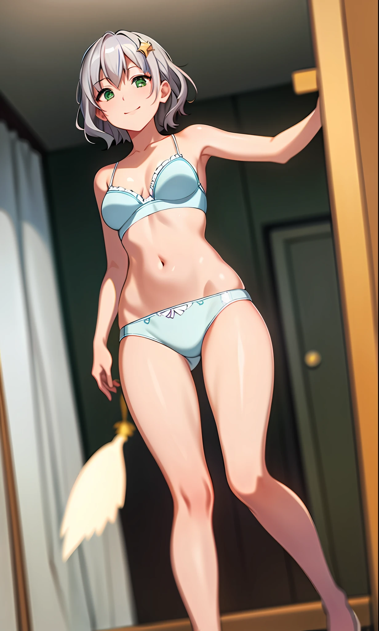 Top quality, (Masterpiece: 1.2), Very detailed, Own room, 1 girl, Solo, (muse), smile, watch the viewer, gray hair, circle of angels, short hair, hair ornament, green eyes, light in the eyes, white underwear, in the middle of dressing, realistic, from the knees up, glowing skin, fair skin, (medium ) ultra-realistic, realistic, photorealistic, portrait, blur,
