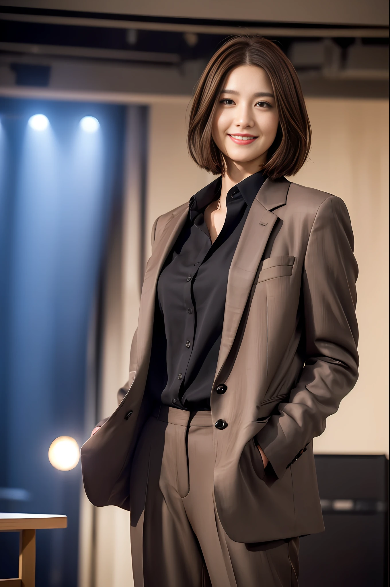 ((Realistic lighting, Best quality, 8K, Masterpiece: 1.3)), Clear focus: 1.2, 1girl, Front lens, Perfect figure beauty: 1.4, ((dark brown hair, short hair)), (Jacket with suit underneath shirt and trousers: 1.4), (In the live room: 1.8), Super fine face, fine eyes, smile
