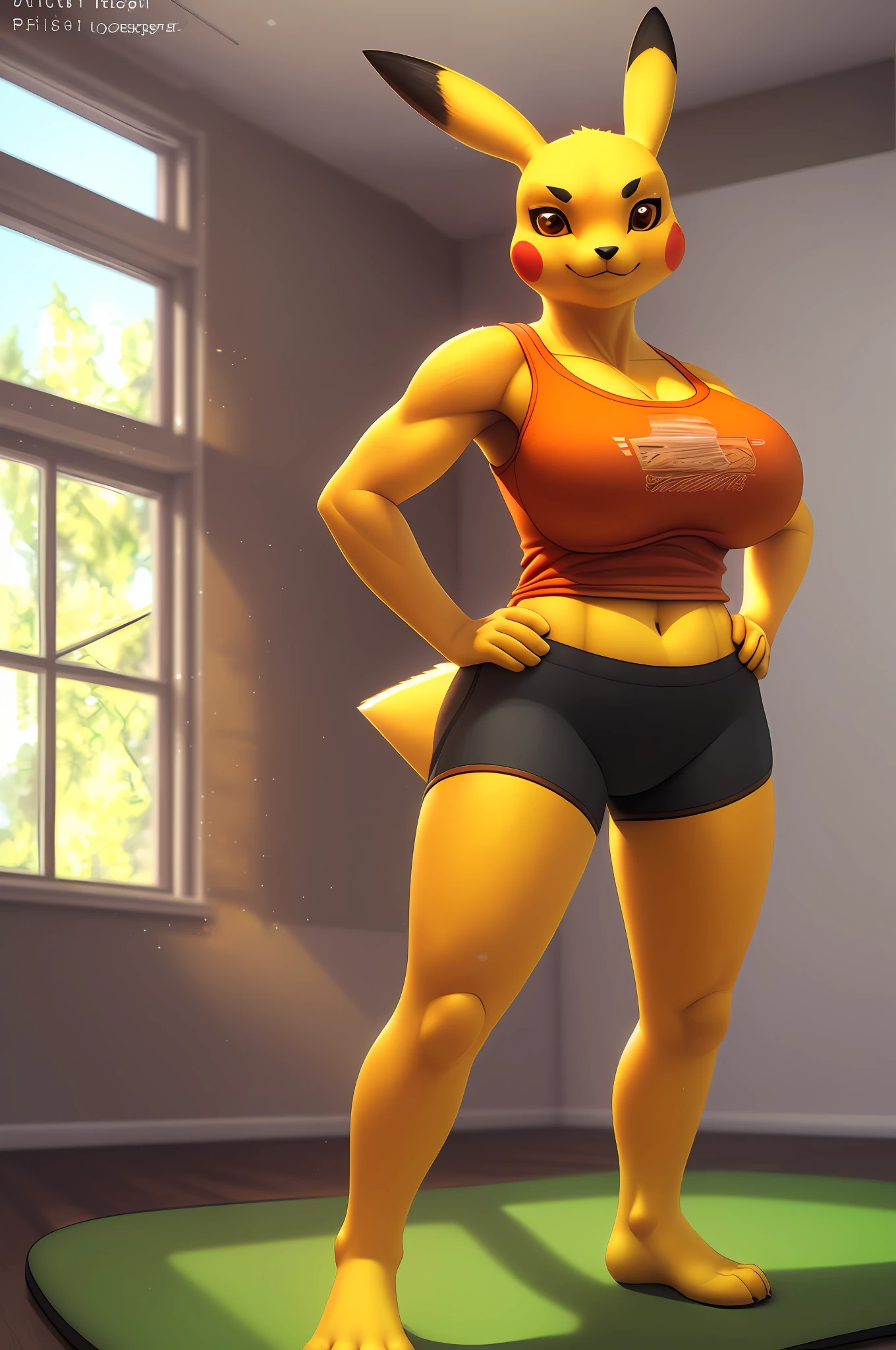 [pikachu], [Uploaded to e621.net; (Pixelsketcher), (napalm_express), (twistedterra)], ((masterpiece)), ((solo portrait)), ((furry; anthro)), ((raytracing)), ((detailed shading)), ((beautiful 3D art)), {anthro; (yellow fur, black nose, pointed pikachu ears, red pikachu cheeks, (yellow thunderbolt tail)), brown eyes, (smug smile; (thin black eyebrows)), (orange tank top, large boobs, black yoga shorts), (beautiful feet; black toeless socks)}, ((standing; hands on hips), dynamic pose), [background; open room; (wrestling mat, (window; daytime, trees)]