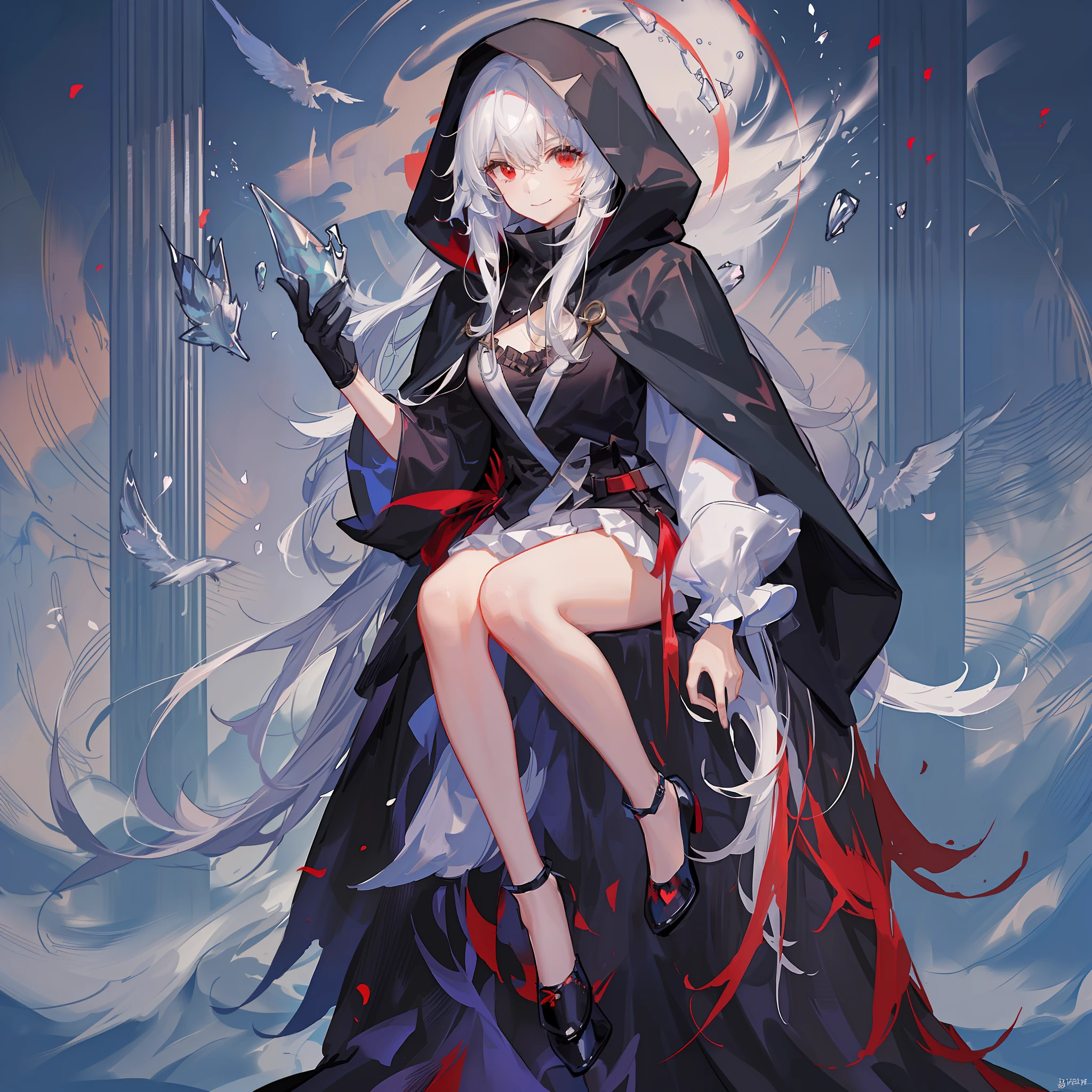Girl, black robe, hood, cape, red eyes, long white hair, faint smile, full body