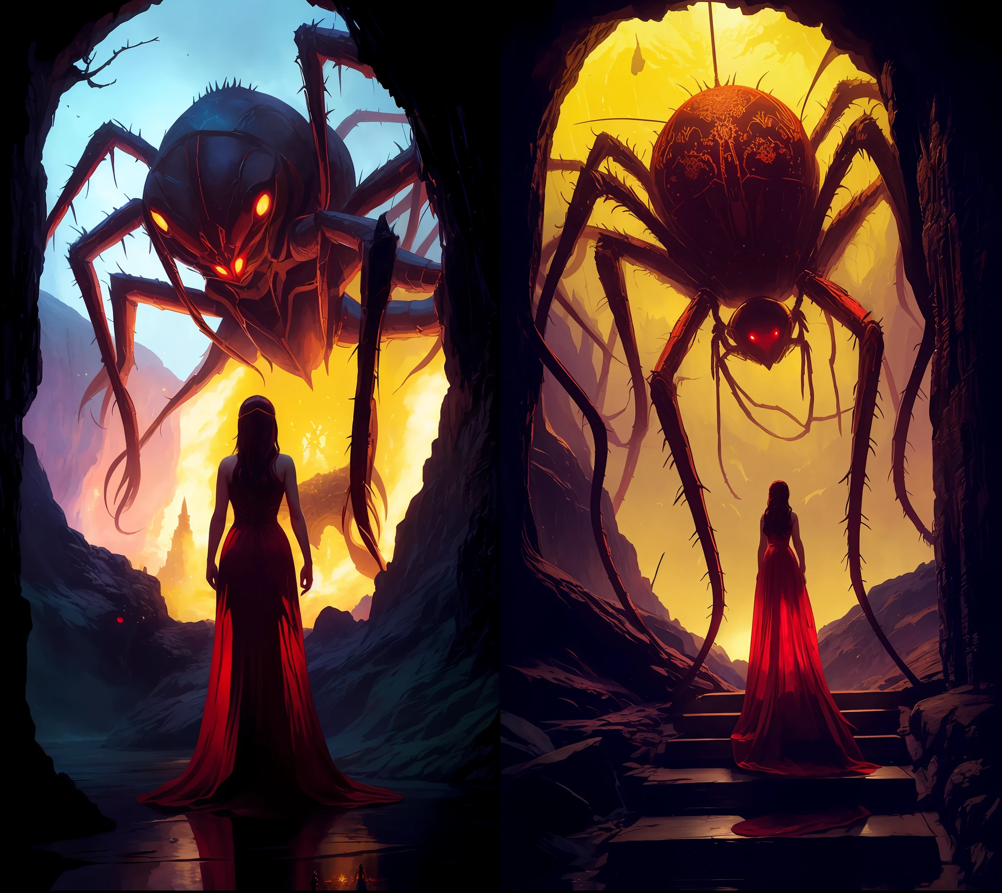 two pictures of a woman in a red dress standing in front of a giant spider, symmetrical epic fantasy art, epic fantasy sci fi illustration, inspired by Marc Simonetti, style of marc simonetti, art style of marc simonetti, dan mumford tom bagshaw, cinematic fantasy painting, marc simonetti and sakimicha