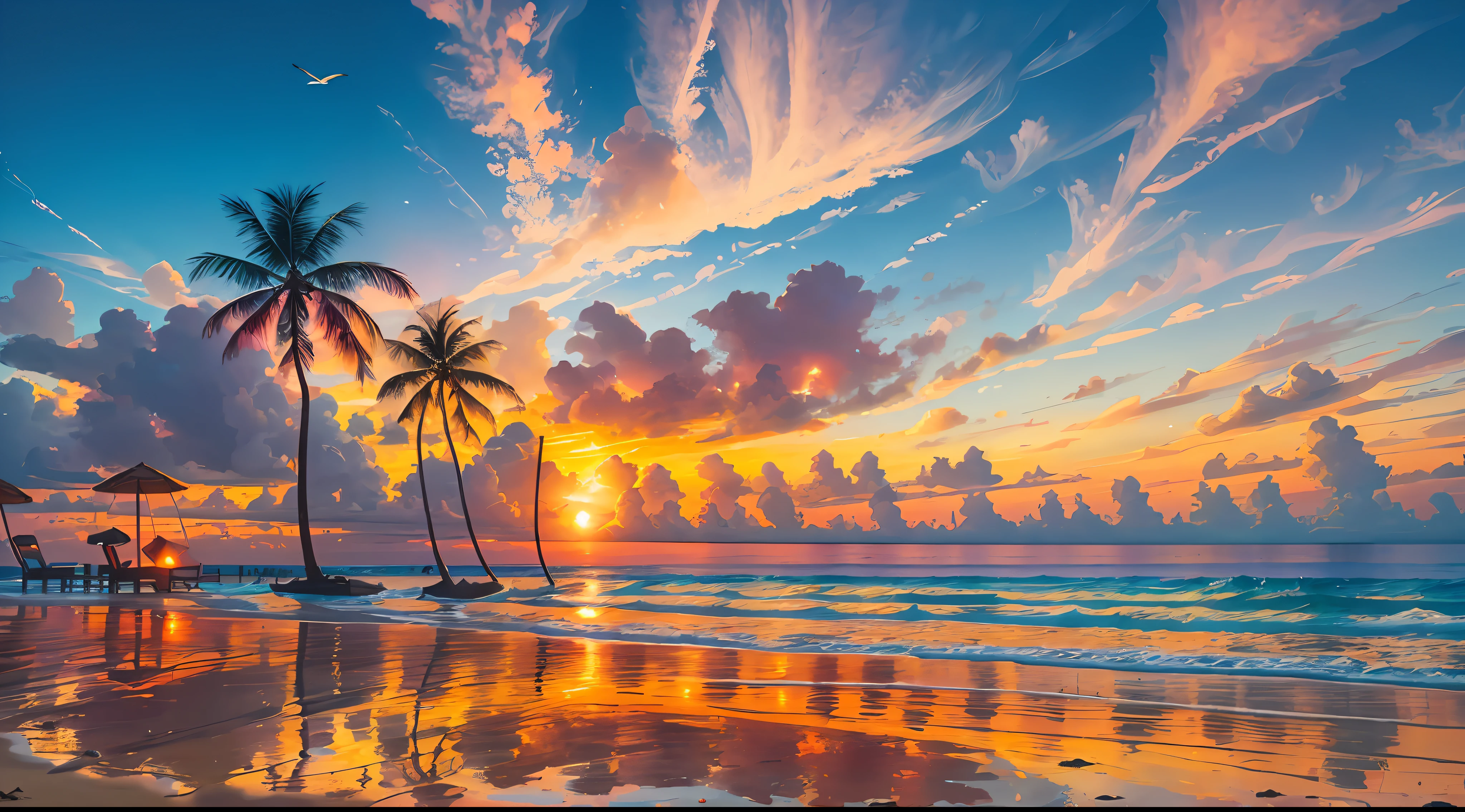 Absolutely mesmerizing sunset on the beach with a mix of oranges, pinks and yellows in the sky. The water is crystal clear, gently kissing the shore, and the white sand is endless. The scenes are action-packed and breathtaking, with seagulls soaring high in the sky and palm trees swaying gently. Immerse yourself in the calm atmosphere and let the serenity surround you. --auto --s2