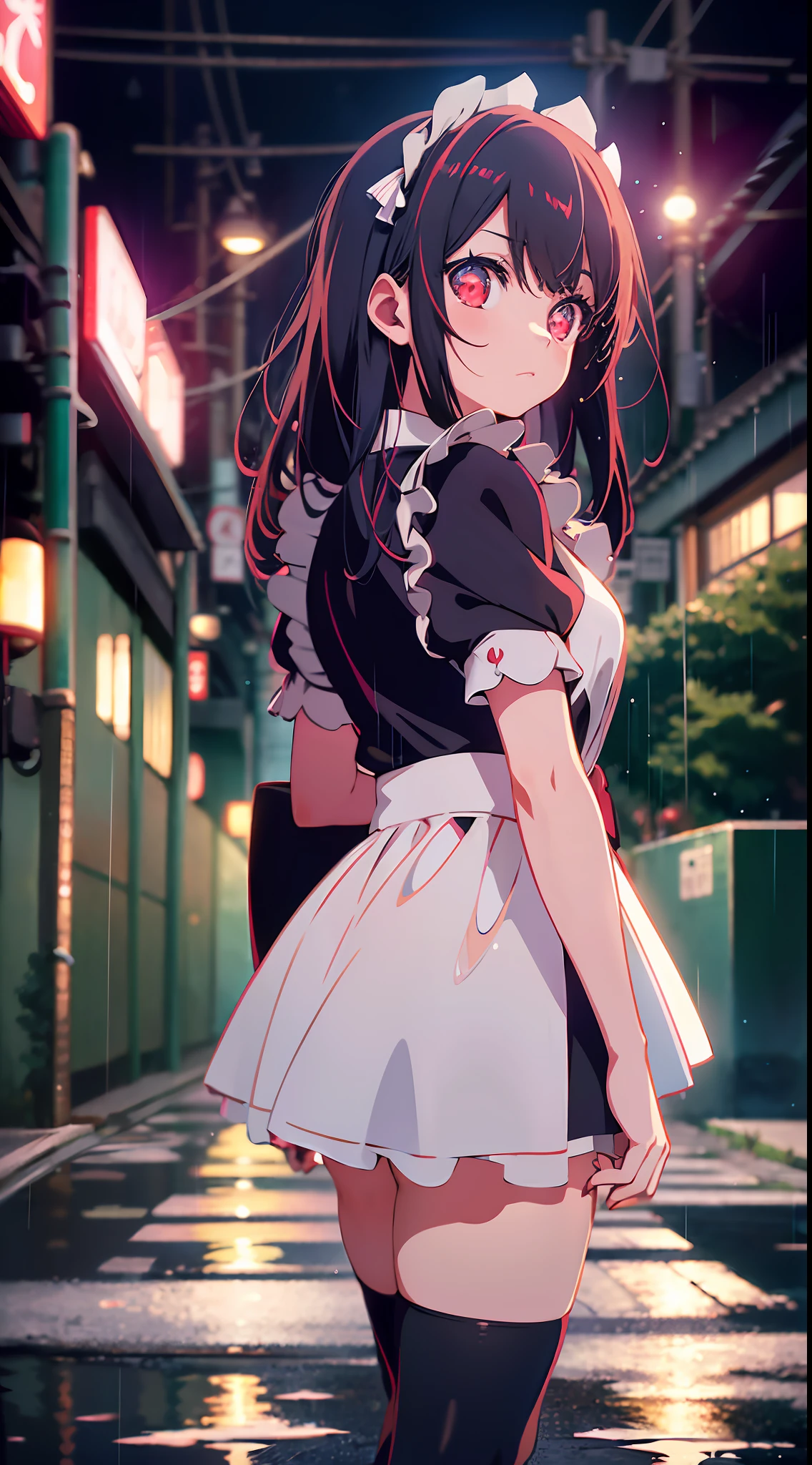 Night, Japanese anime, rain, street, maid girl, loli, red eyes, glowing eyes, black stockings, backlight, glow, looking at the audience, low angle lens, looking up lens, perfect composition, perfect light and shadow delicate, 8k