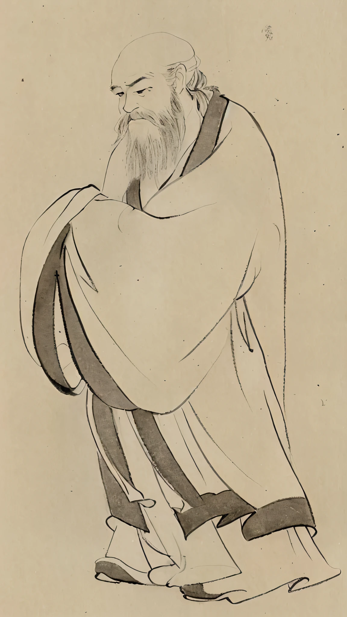 a close up of a drawing of a man with a beard, flowing hair and long robes, inspired by Kikuchi Yōsai, ancient japanese monk, by Eishōsai Chōki, by Kikuchi Yōsai, utamaro kitagawa style, by Kameda Bōsai, wearing a long flowing robe