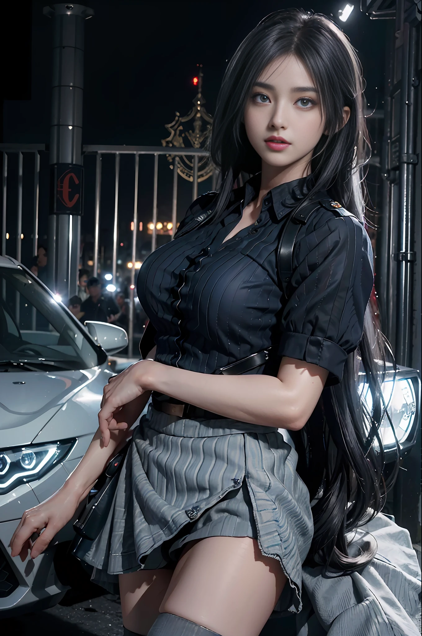 (RAW photo, 4k, masterpiece, high resolution, extremely complex) (realistic: 1.3), cinematic lighting Delicate girl with facial features, oversized, sexy body, protruding and upturned
1 female policeman blue police uniform uniform black wrapped short skirt, handsome action with batons, night scene, movie shot, white skin, panoramic police car next to it