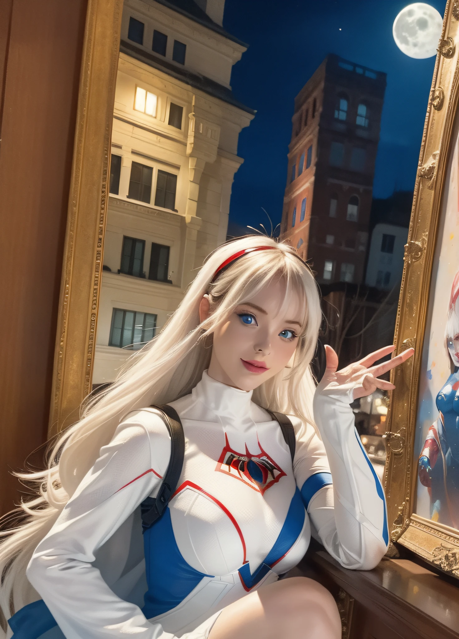 (Masterpiece, 4k resolution, ultra-realistic, very detailed), (White superhero theme, charismatic, there's a girl on top of town, wearing Spider-Man costume, she's a superhero), [ ((25 years), (long white hair:1.2), full body, (blue eyes:1.2), ((Spider-Man pose),show of strength, jumping from one building to another), ((sandy urban environment):0.8)| (cityscape, at night, dynamic lights), (full moon))] # Explanation: The Prompt mainly describes a 4K painting of ultra-high definition, very realistic, very detailed. It shows a superheroine at the top of the city, wearing a Spider-Man costume. The theme in the painting is a white superhero theme, the female protagonist has long white hair, is 25 years old and her entire body is shown in the painting. In terms of portraying the actions of superheroines, spiders are employed