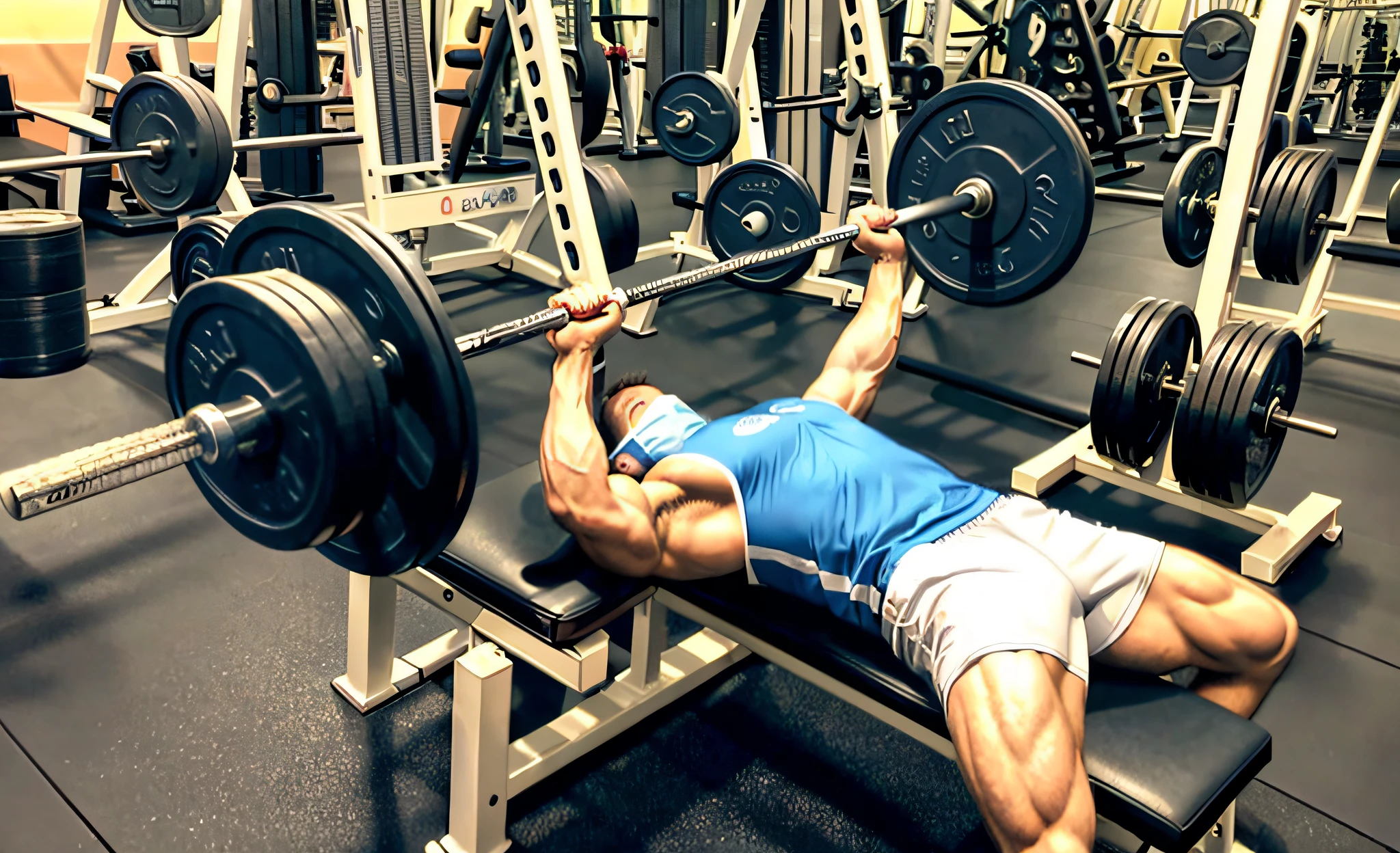 ((Best Quality)), ((Masterpiece)), (Details: 1.4), One Japan man in Alafed with strong, flat chest is bench pressing in gym. Lifting weights, wearing a mask, breast ripple, resting on chest, large muscular upper body, bench, chest ruffles, upper body face shot, with wide big muscular physique. Dimly lit gym, black and white space