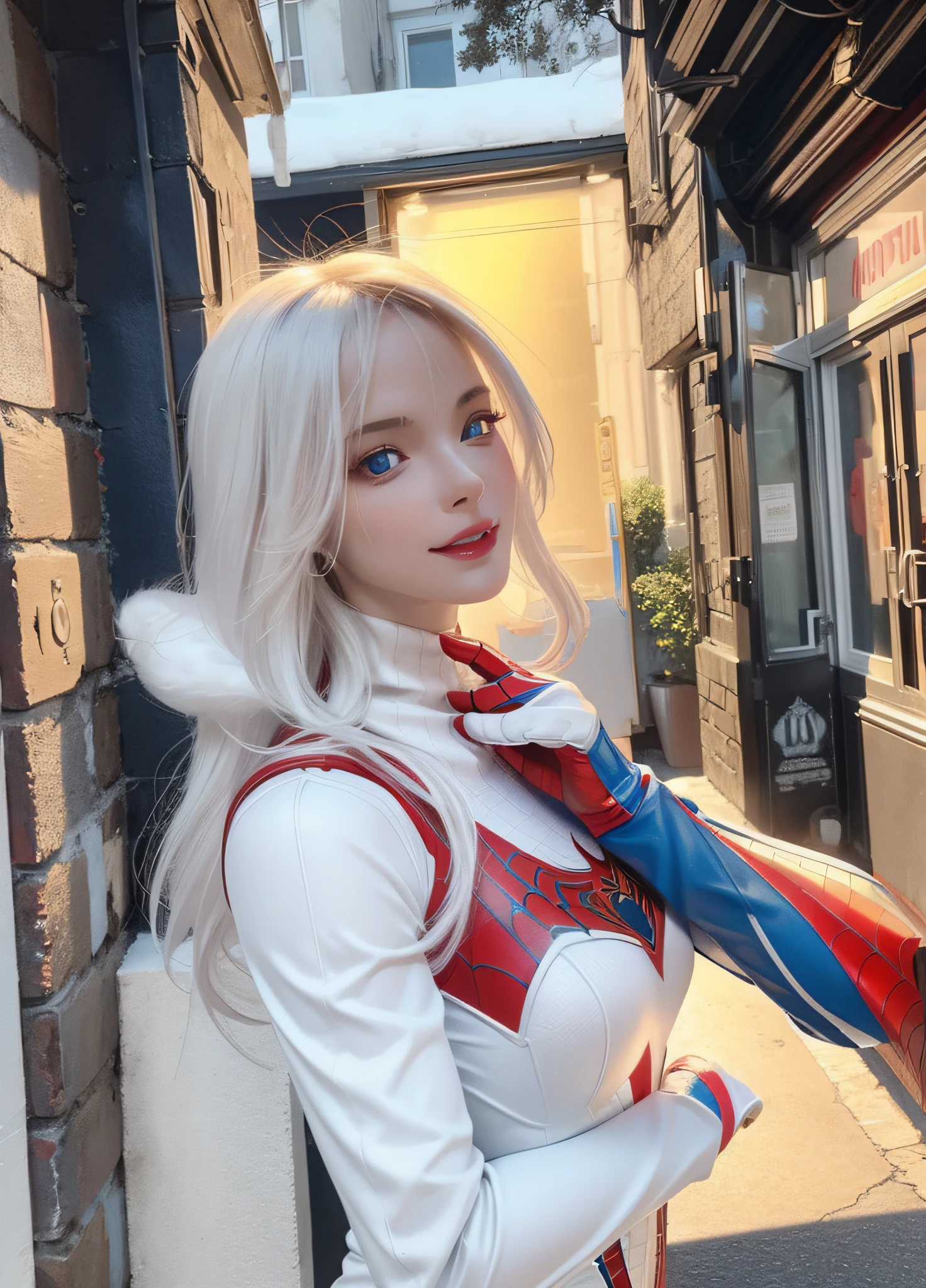 (Masterpiece, 4k resolution, ultra-realistic, very detailed), (White superhero theme, charismatic, there's a girl on top of town, wearing Spider-Man costume, she's a superhero), [ ((25 years), (long white hair:1.2), full body, (blue eyes:1.2), ((Spider-Man pose),show of strength, jumping from one building to another), ((sandy urban environment):0.8)| (cityscape, at night, dynamic lights), (full moon))] # Explanation: The Prompt mainly describes a 4K painting of ultra-high definition, very realistic, very detailed. It shows a superheroine at the top of the city, wearing a Spider-Man costume. The theme in the painting is a white superhero theme, the female protagonist has long white hair, is 25 years old and her entire body is shown in the painting. In terms of portraying the actions of superheroines, spiders are employed