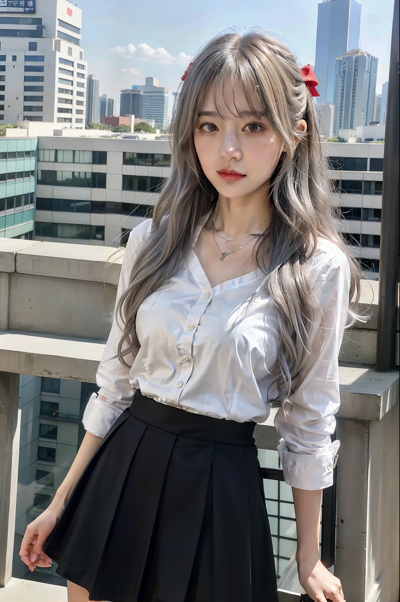 best quality,masterpiece,1girl,silver hair,disheveled hair,curly_hair,shirt,skirt,kawaisou,JK,red_bow,watchi,necklace,cityscape,8k raw photo,ultra high res,highest detailed,intricate,8k,HDR,