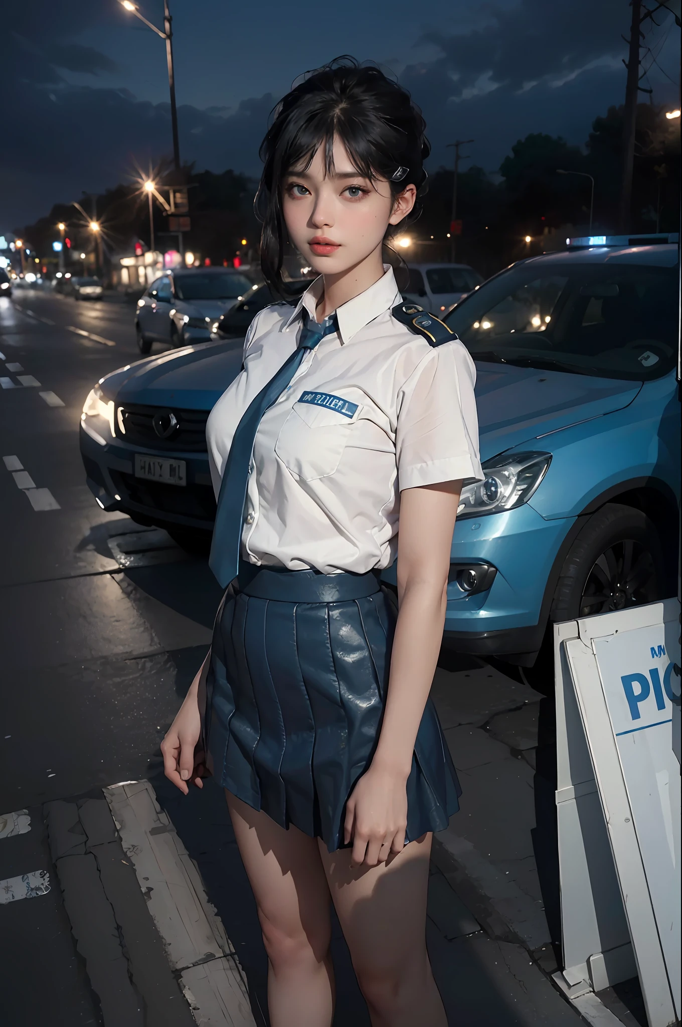 (RAW photo, 4k, masterpiece, high resolution, extremely complex) (realistic: 1.3), cinematic lighting Delicate girl with facial features, oversized, sexy body, protruding and upturned
1 female policeman blue police uniform uniform black wrapped short skirt, handsome action with batons, night scene, movie shot, white skin, panoramic police car next to it