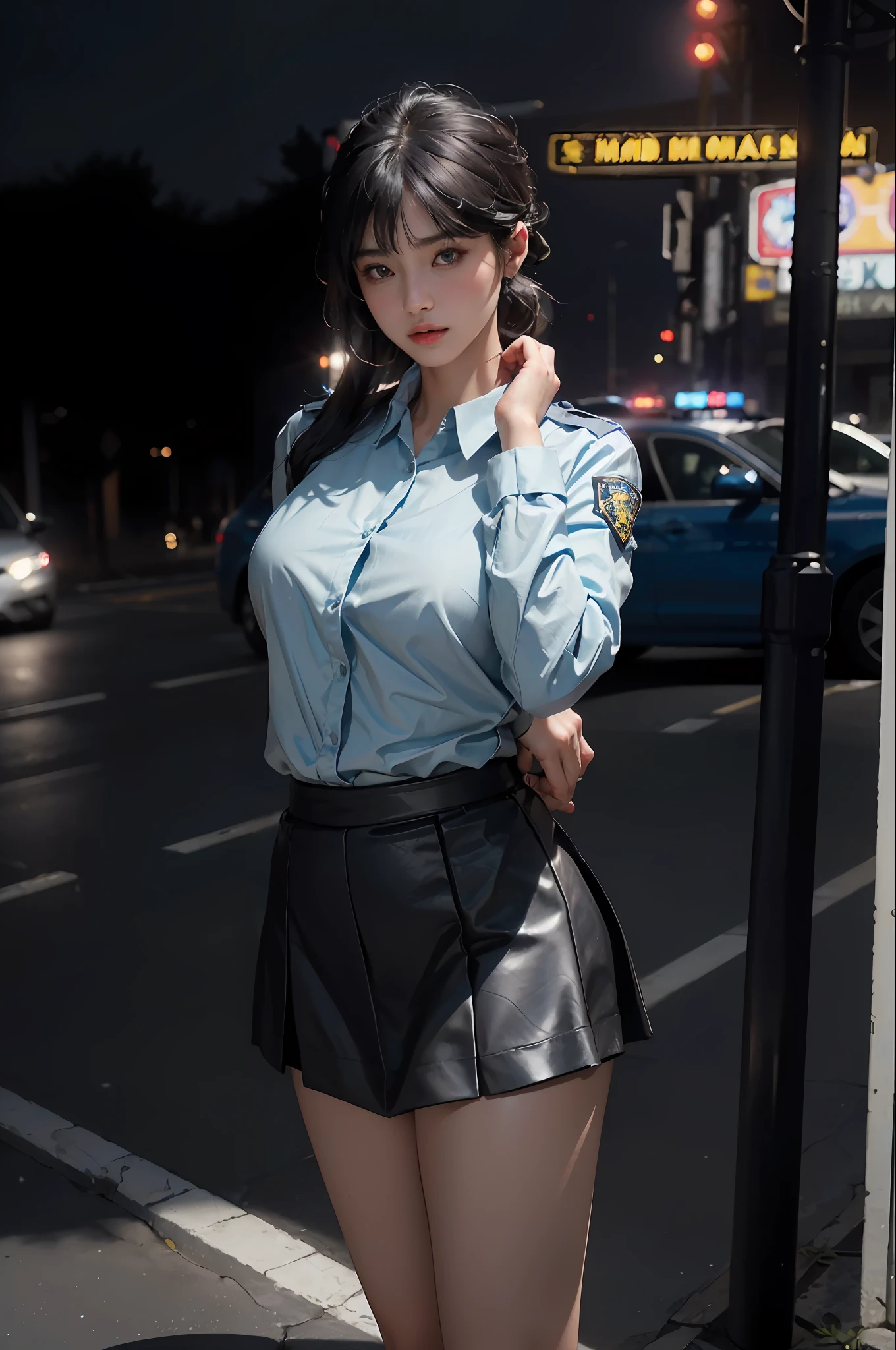 (RAW photo, 4k, masterpiece, high resolution, extremely complex) (realistic: 1.3), cinematic lighting Delicate girl with facial features, oversized, sexy body, protruding and upturned
1 female policeman blue police uniform uniform black wrapped short skirt, handsome action with batons, night scene, movie shot, white skin, panoramic police car next to it