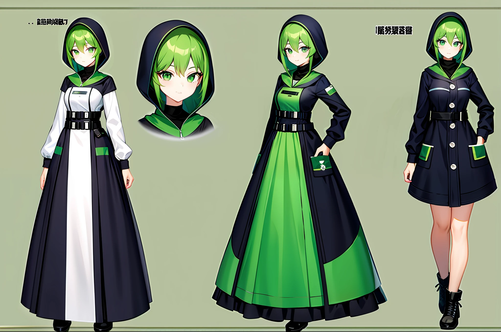 Bank robber girl with dress and poncho dress with lots of pockets green and black color scheme holding whip full body art character concept art anime character sheet wearing mask poncho