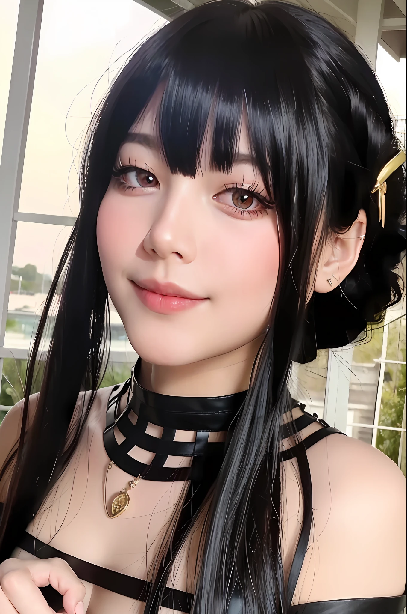 (8k, best quality, masterpiece:1.2), (realistic, photo-realistic:1.37), ultra-detailed, (1girl:1.6),cute,beautiful detailed sky,(outdoors:1.4),daytime, standing,dating,(nose blush),(smile:1.15),(closed mouth:1.2), breasts,beautiful detailed eyes, wet,rain,white lace, (long hair:1.2),floating hair NovaFrogStyle, looking at viewer, facing viewer, full body,yor briar,