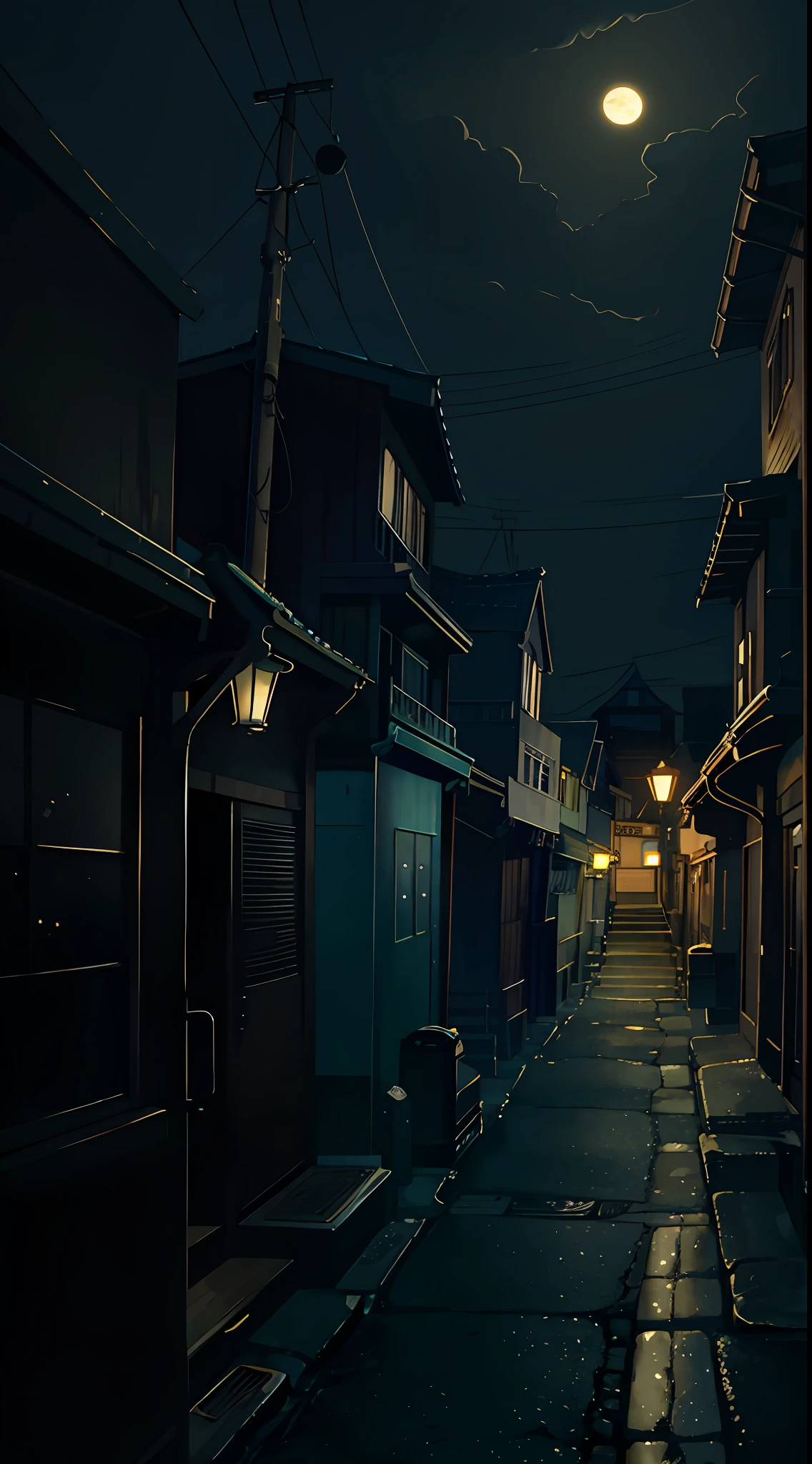 Full moon night, night scene of city streets, back of a person, city landscape in Spirited Away style, anime background art, dramatic lighting, yellow pleasant lighting, concept art, gloomy. Spirited Away, Miyazaki style, town at night, city at night, 8k resolution, anime landscape concept art, very detailed, anatomically correct, calm night. Digital illustration, digital painting,
