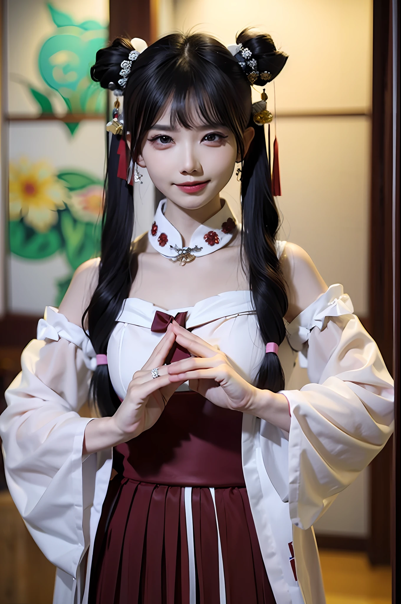 best quality, (逼真度:1.2), 1girl, solo, 详细脸, face focus, standing, black hair,(hair ornament:1.35), 校服, ribbon sleeves, 拆袖, ribbon trim, wide sleeves, (looking在观众：1.5）长发，黑眼睛，刘海，嘴唇，