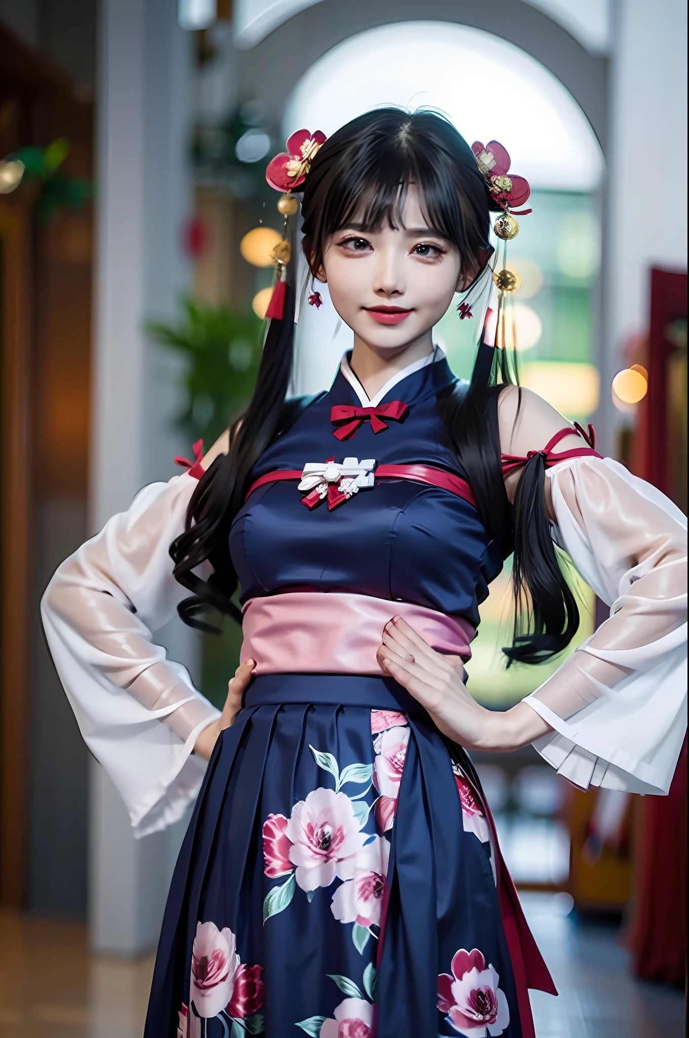 best quality, (逼真度:1.2), 1girl, solo, 详细脸, face focus, standing, black hair,(hair ornament:1.35), 校服, ribbon sleeves, 拆袖, ribbon trim, wide sleeves, (looking在观众:1.5)长发,黑眼睛,刘海,嘴唇,