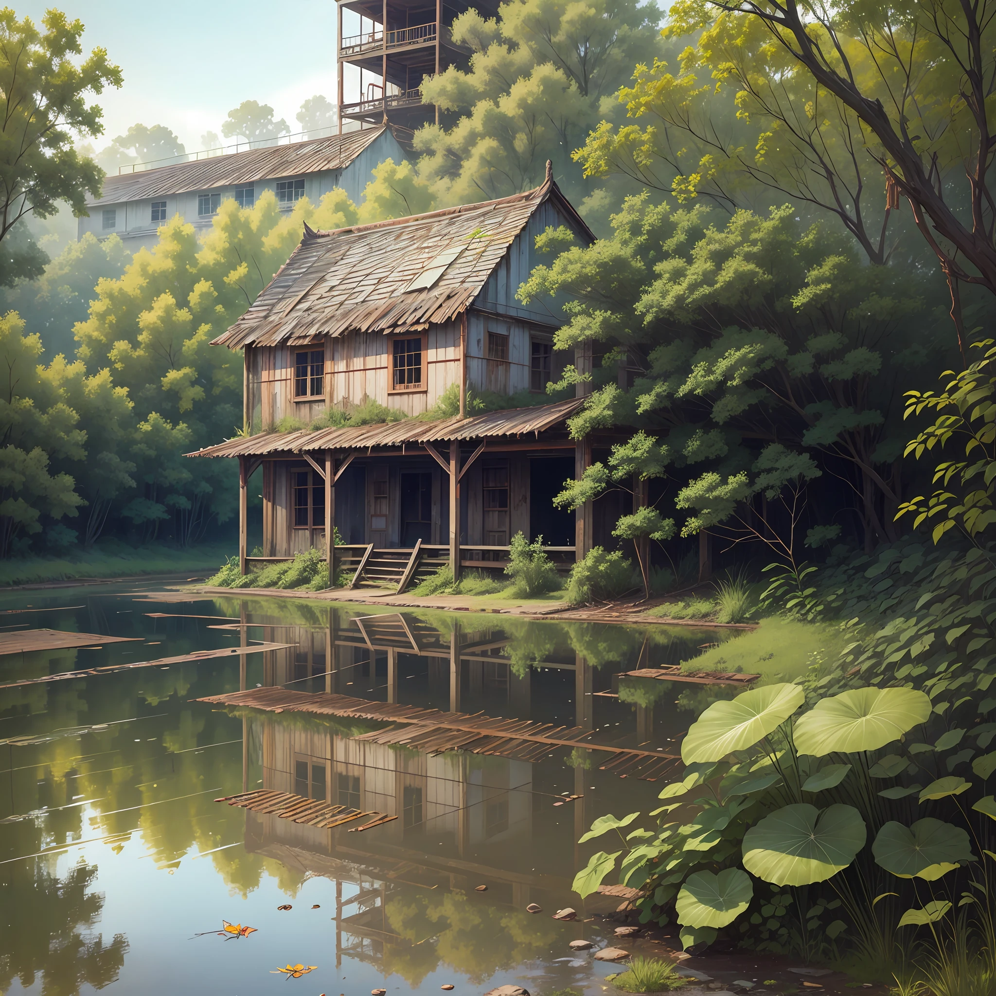 Old place, with bush growing, abandoned, lost place, with water, beautiful insects and rusty metal structures --auto --s2