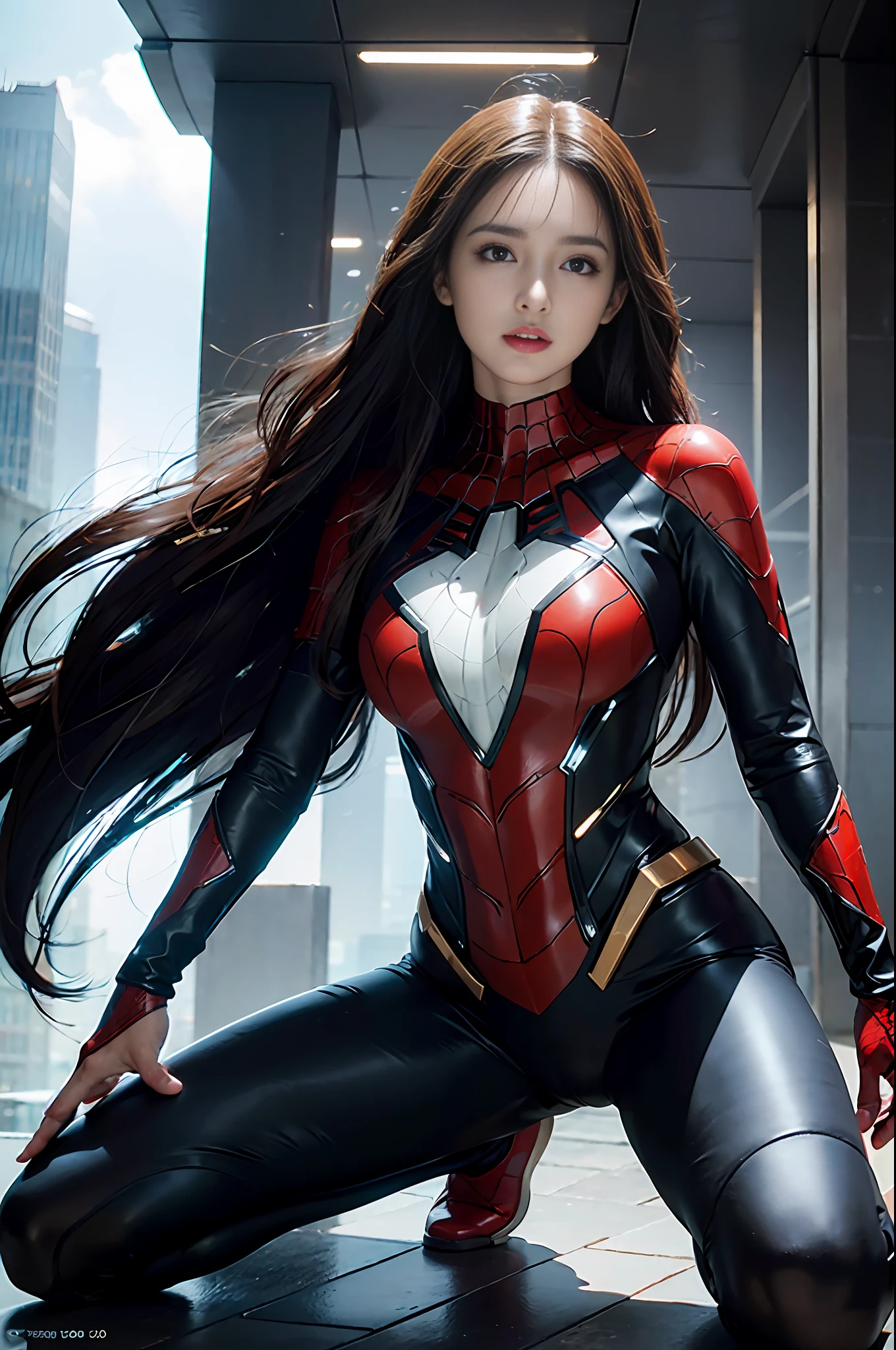RAW, Masterpiece, Super Fine Photo,, Best Quality, Ultra High Resolution, Photorealistic, Sunlight, Full Body Portrait, Stunningly Beautiful, Dynamic Poses, Delicate Face, Vibrant Eyes, (Side View) , she is wearing a futuristic Iron Lady Spiderman costume, very detailed background, detailed face, detailed and complex busy background, messy, gorgeous, milky, high detailed skin, realistic skin details, visible pores, sharp focus, Volumetric fog, 8k uhd, dslr, high quality, film grain, fair skin, photorealism, lomography, sprawling metropolis in a futuristic dystopia, view from below, translucent