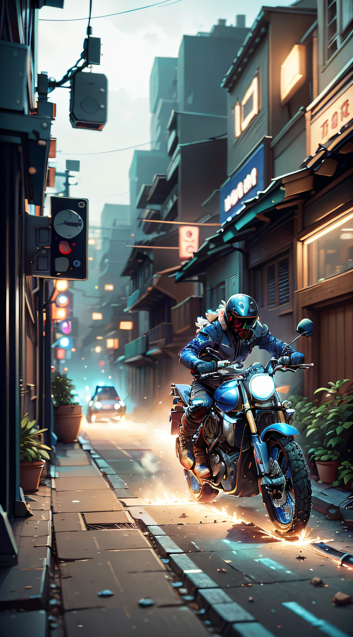 【Illustration】 Comic page, there are multiple panels on one page: in the city full of gunsmoke (far view), several male and female racers riding motorcycles, crazy racing in the alley, tire rubbing the ground sparks, smoke and dust (close-up, low horizontal motion blur), there is a strong sense of impact. [Continuous shooting] in the style of Andreas Rocha, cobalt blue and reflective silver, film P30, oblique format composition