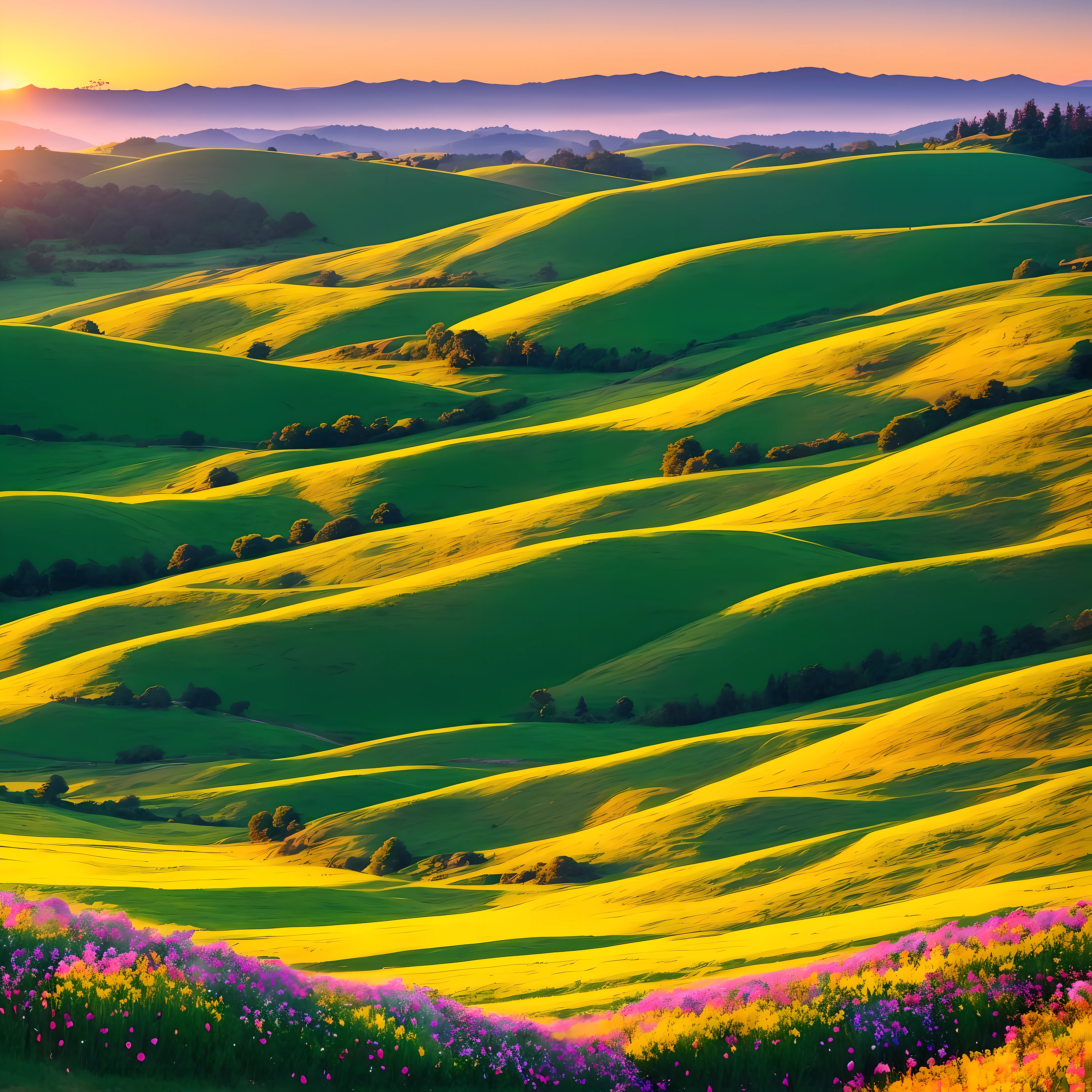 hills, landscape, fields, grasslands, tiny forest on background, sunset, flowers on foreground, flowers on hills