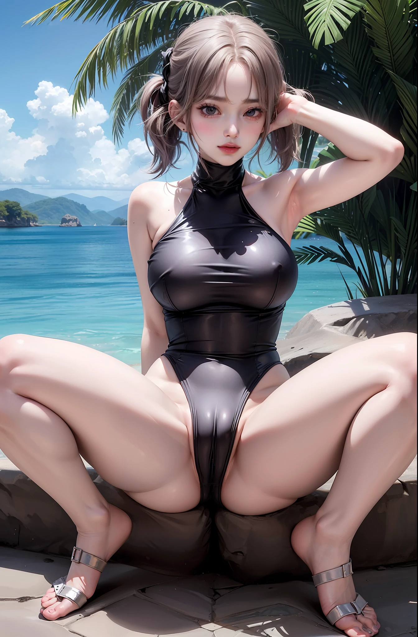 pictures of a young girl, ((kpop idol )), pale skin, {{messy short}}, (saggy breasts:1.475), Beautiful delicate face, Beautiful delicate eyes, , (sheer fabric:1.1)Strapless(black high leg cut(one-piece swimsuit)) chest cutout, Bare shoulders, bangs, pool, outdoors, glowing skin, sitting,open your legs wide,dynamic pose,((spread legs), camel toe, cameltoe, dark areolas, vulvashaped:1.25), (NSFW:1.075), delicate hairstyle, (16k, RAW photo, best quality, masterpiece: 1.45),