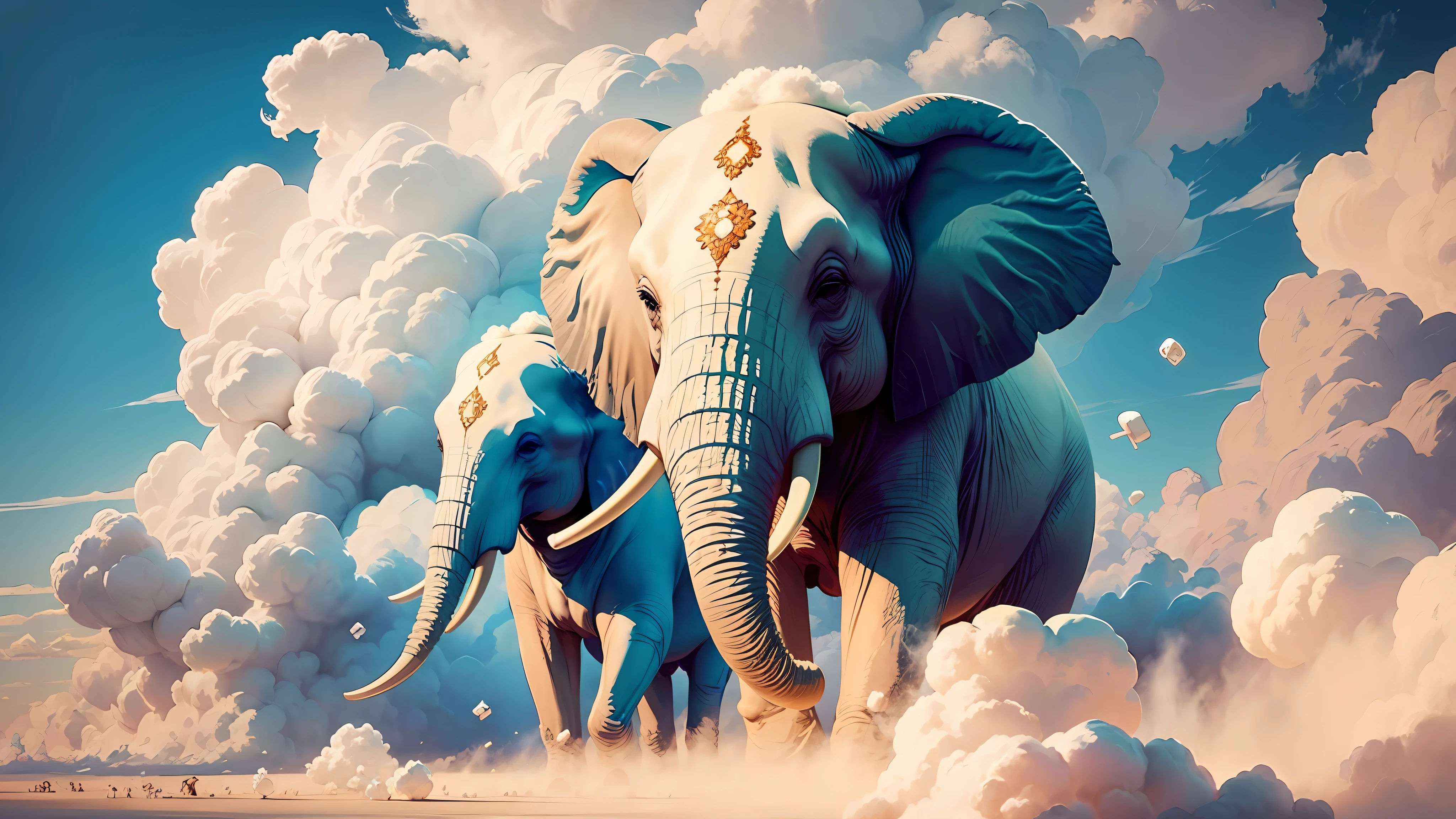 Imagine a herd of elephants covered in cotton balls, in a savannah, blue sky full of fluffy cotton clouds --auto --s2