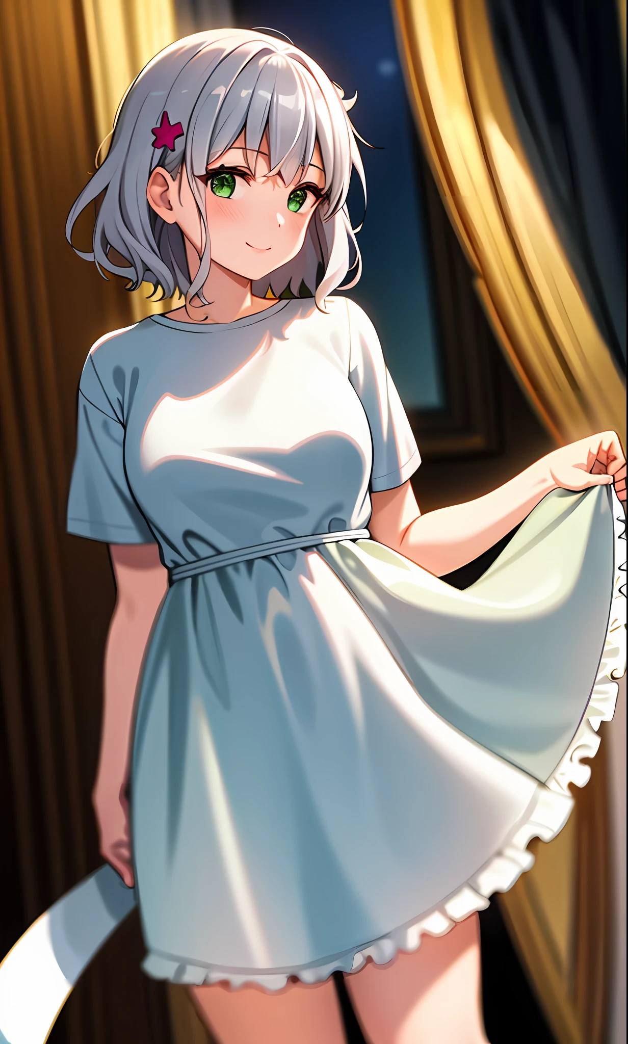 Top quality, (Masterpiece: 1.2), Very detailed, Own room, 1 girl, Solo, (muse), smile, watch the viewer, gray hair, circle of angels, short hair, hair ornament, green eyes, light in the eyes, white underwear, in the middle of dressing, realistic, from the knees up, glowing skin, fair skin, (medium breasts) ultra-realistic, realistic, photorealistic, portrait, blur,