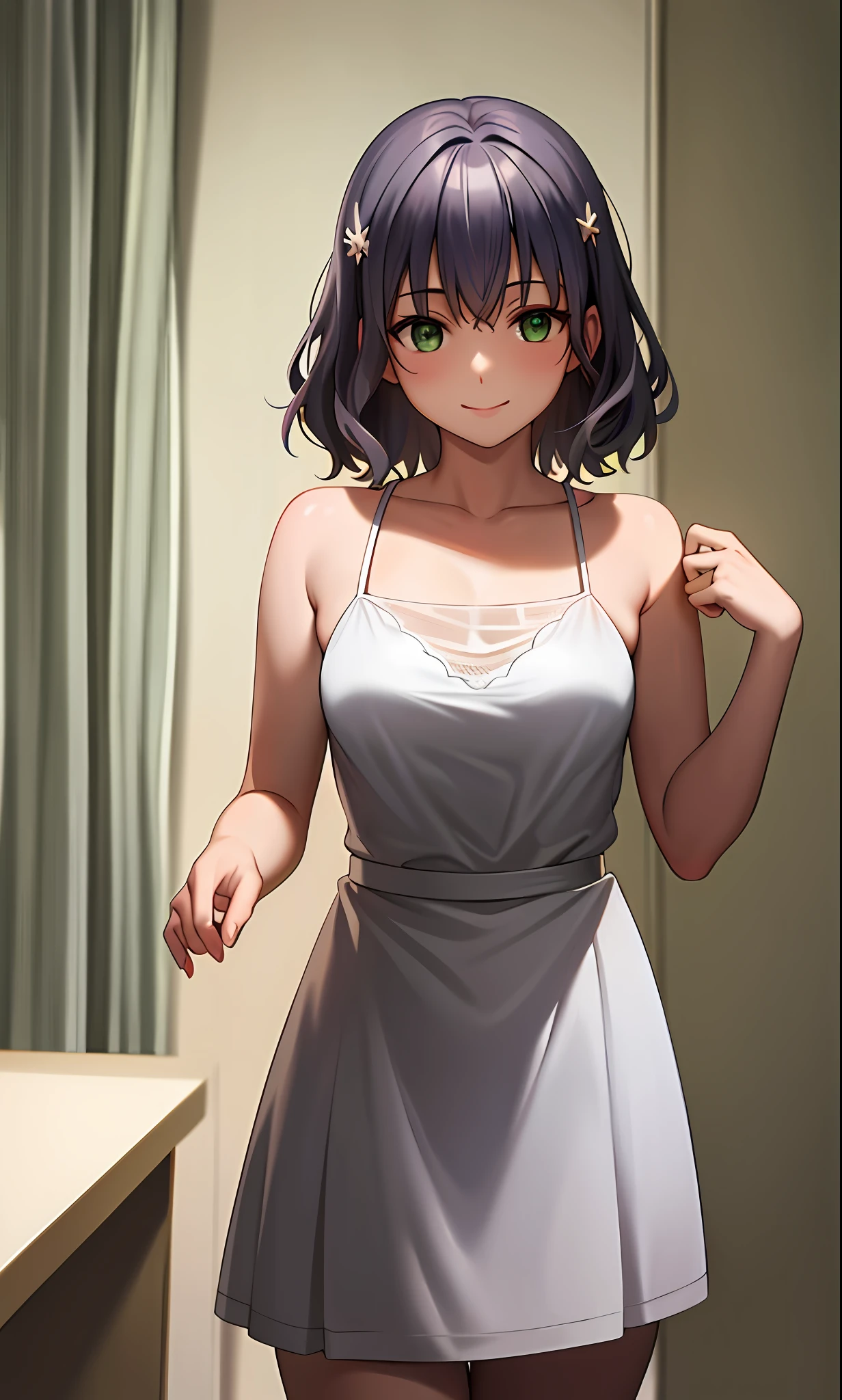 Top quality, (Masterpiece: 1.2), Very detailed, Own room, 1 girl, Solo, (muse), smile, watch the viewer, gray hair, circle of angels, short hair, hair ornament, green eyes, light in the eyes, white underwear, in the middle of dressing, realistic, from the knees up, glowing skin, fair skin, (medium breasts) ultra-realistic, realistic, photorealistic, portrait, blur,