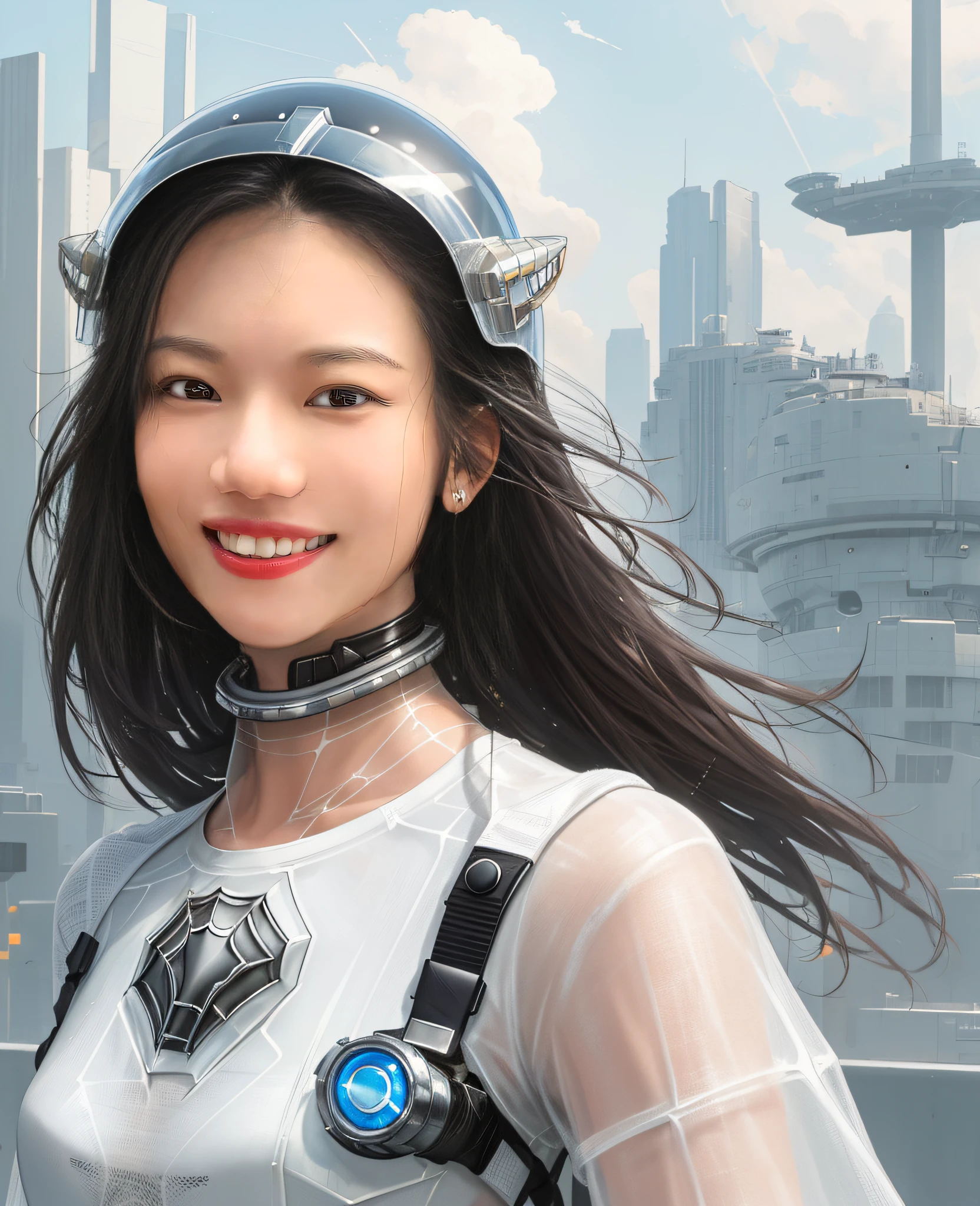 (Masterpiece, Best Quality, Realism, Detail Shiny Skin: 1.2), Flawless, 8k, RAW, High Resolution, Shore, Sky, Cyberpunk, Back Head, 1 Girl, Wear ((((Web Helmet))), Prosthetics, Upper Body, Facial Focus, Looking at the Viewer,