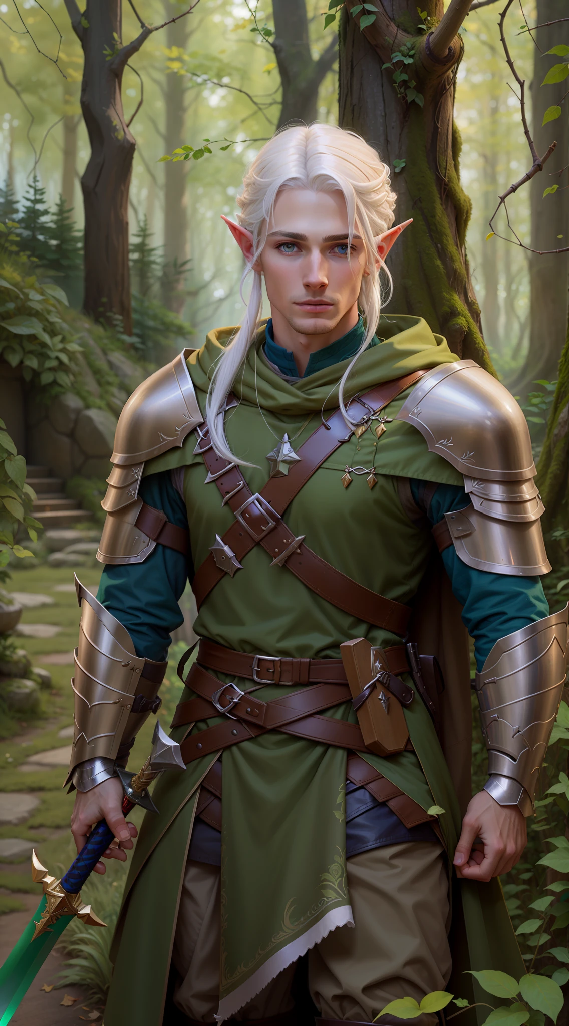blonde-haired man in armor holding a sword in a forest, a portrait of a male elf, male elf ranger, handsome male elf, a male elf, blonde male elf ranger, elven male, legolas as a ranger elf, a portrait of an elf, portrait of a young wizarding elf, portrait of an elven warrior, elven blond male warrior,  ((white hair))
