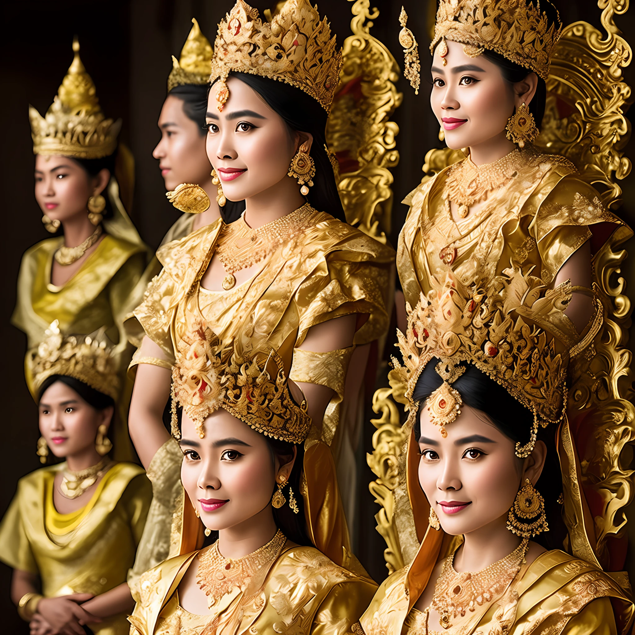 Myanmar, a queen, 1700s, realistic photo, standing in front of palace, surrounded by bodyguards, high resolution, HD, ultra detail, solo, full body version