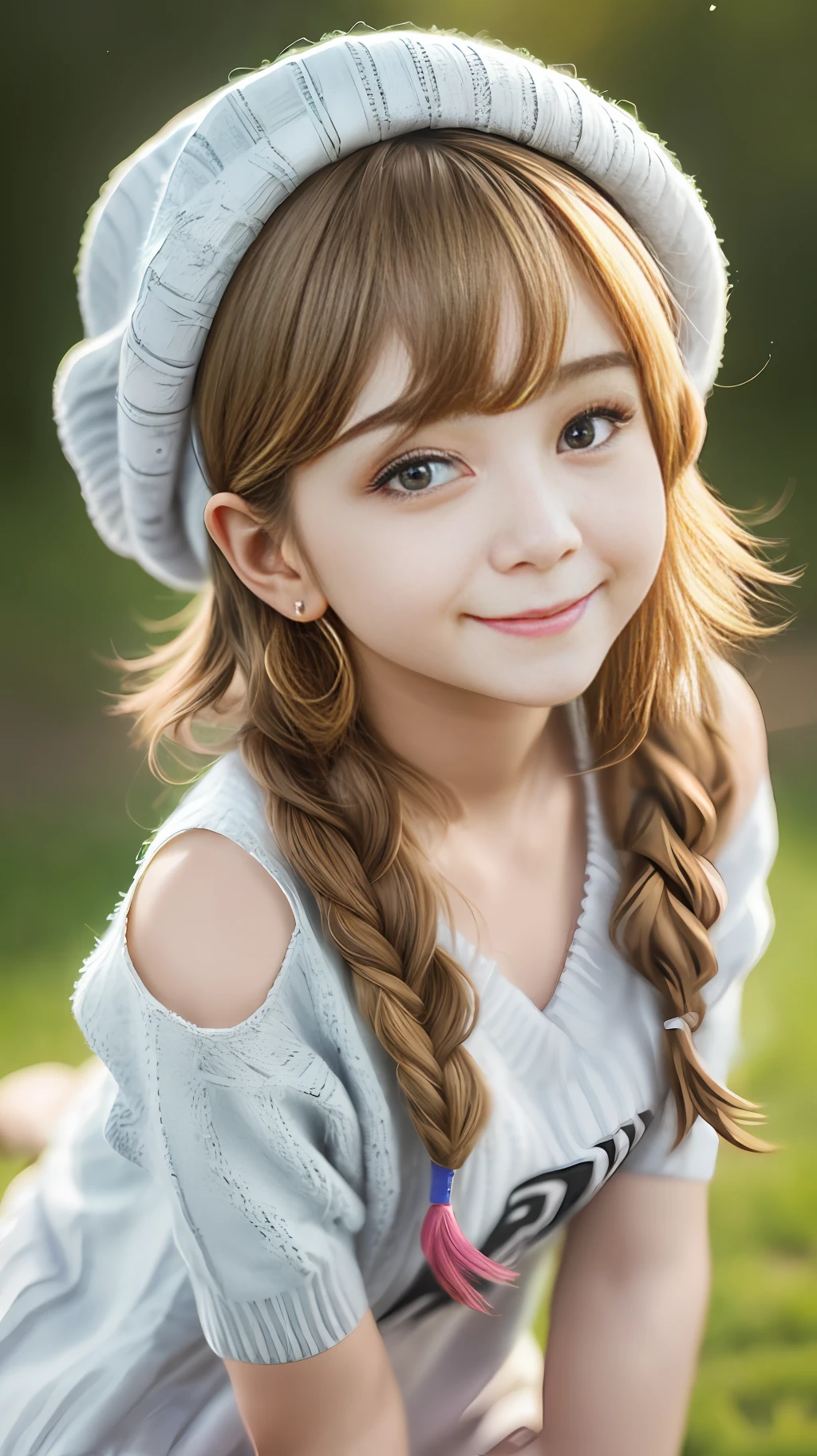 Master masterpiece, very beautiful loli, with beautiful fair skin, detailed portrait, delicate and cute facial features, with a smile, cute smile, long hair, a girl, sunny, colorful, wearing a berets, wearing sweaters and short skirts, wearing earrings, lively and cute, (body shooting) surreal, realistic, extreme details, realistic movie lighting, facial features, light makeup face, girly sense