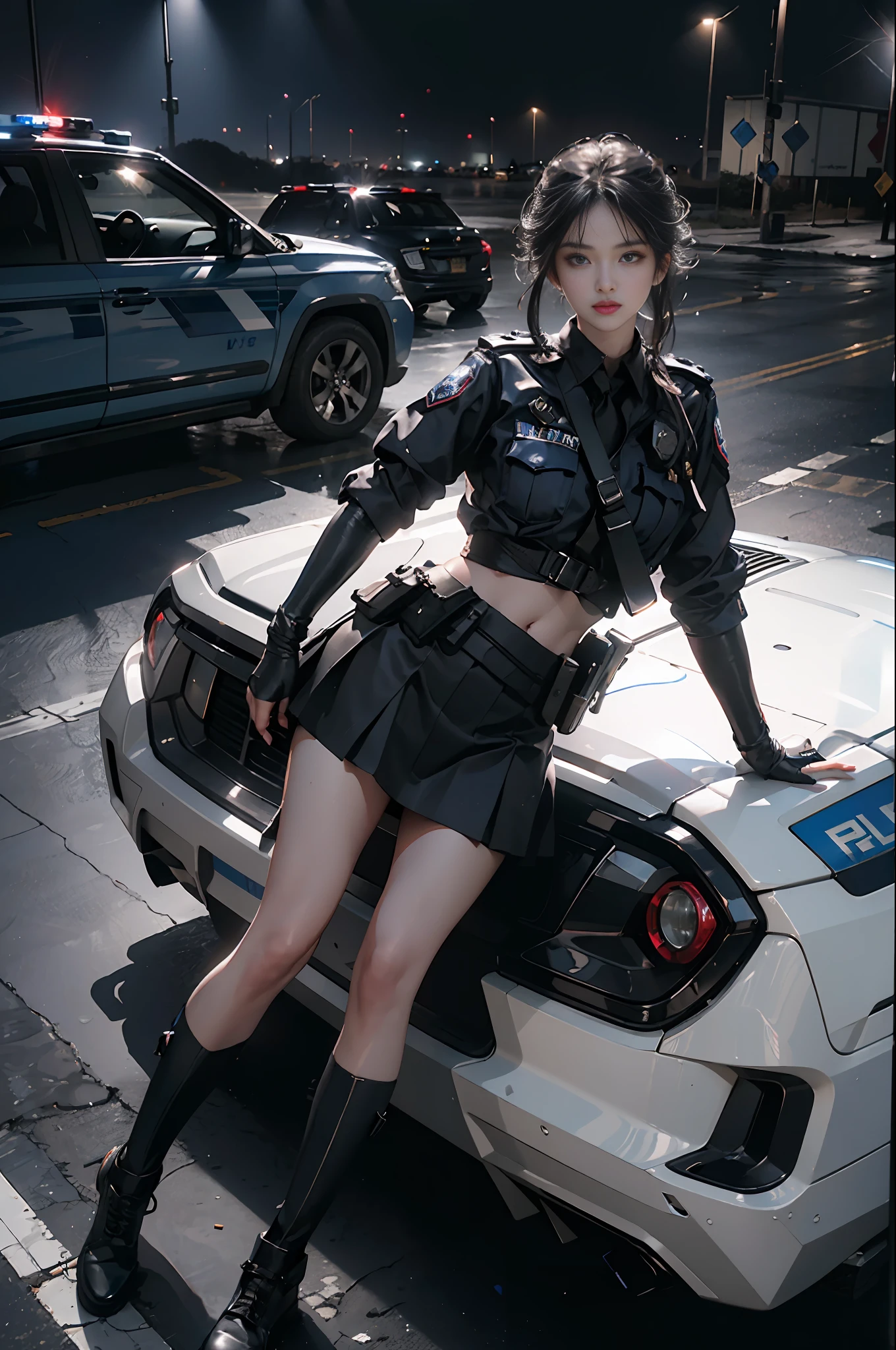 (RAW photo, 4k, masterpiece, high resolution, extremely complex) (realistic: 1.3), cinematic lighting Delicate girl with facial features, oversized, sexy body, protruding and upturned
1 female policeman blue police uniform uniform black wrapped short skirt, handsome action with batons, night scene, movie shot, white skin, panoramic police car next to it