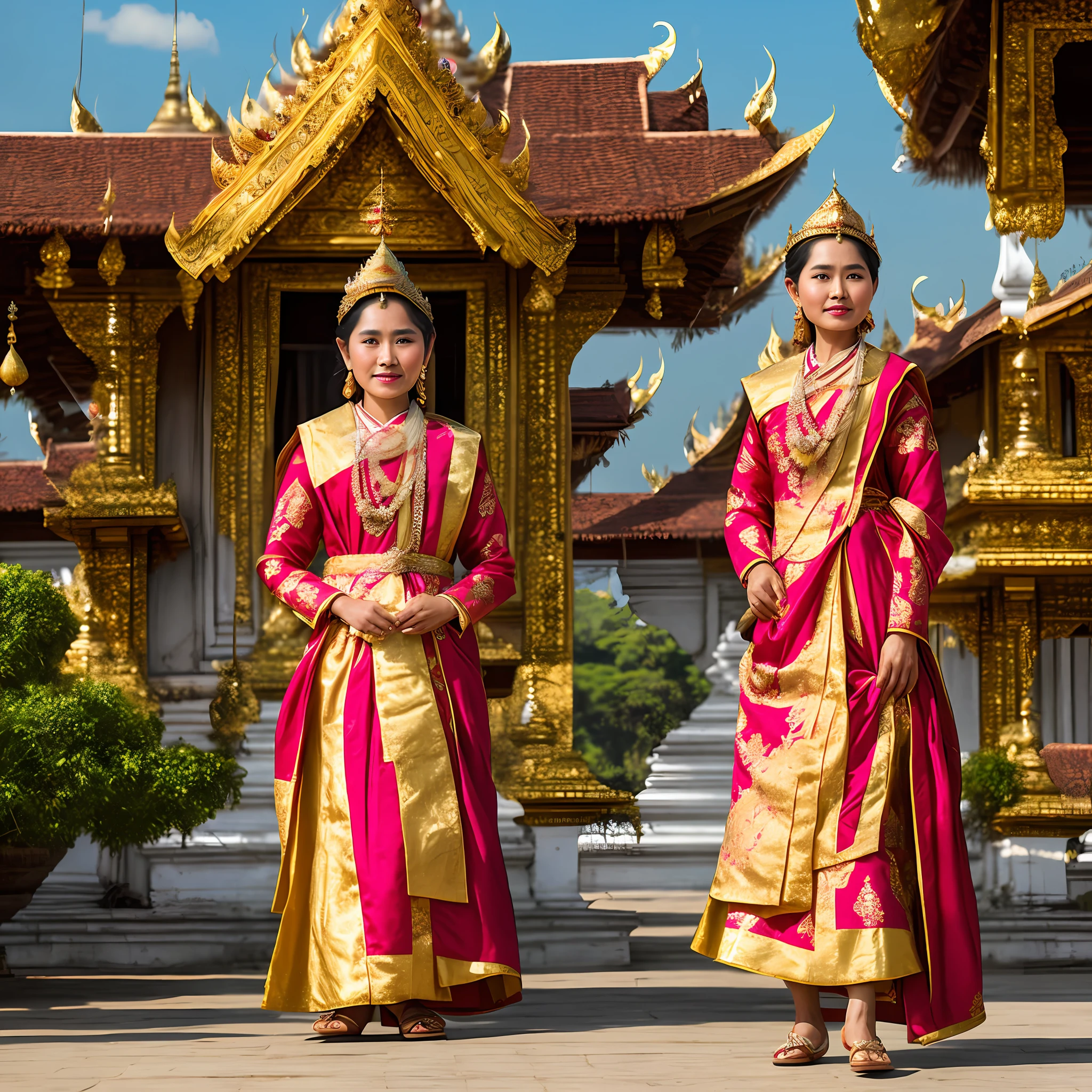 Myanmar, a queen, 1700s, realistic photo, standing in front of palace, surrounded by bodyguards, high resolution, HD, ultra detail, solo, full body version