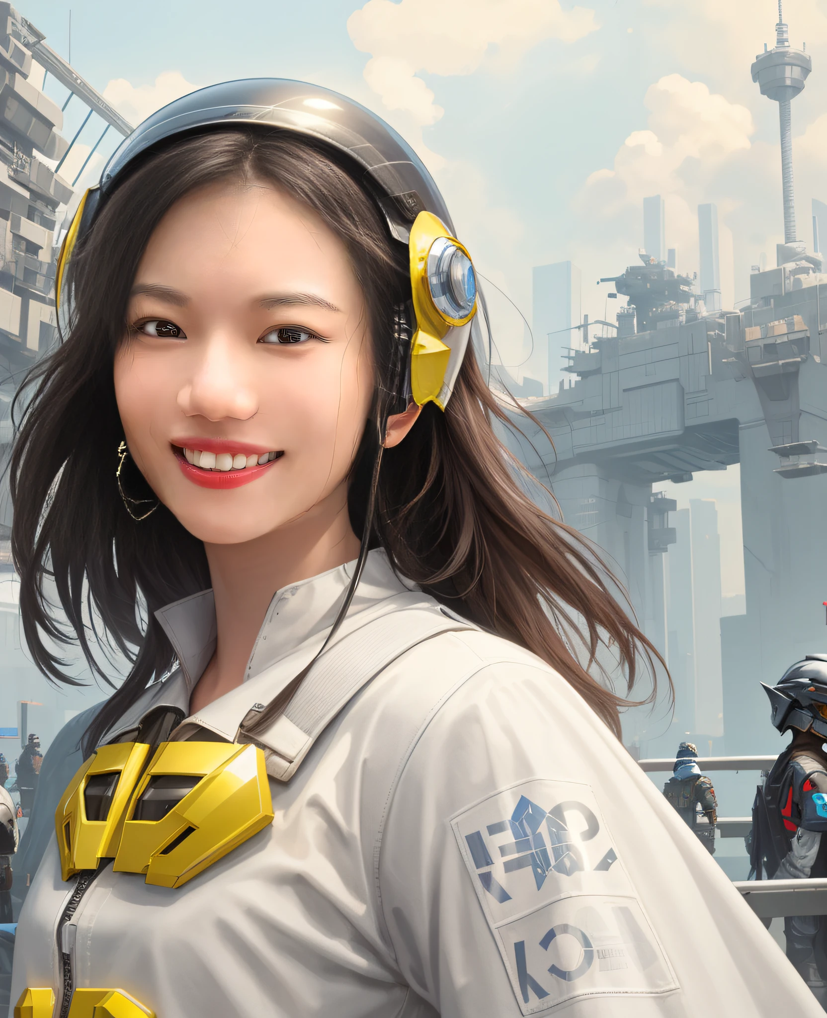 (Masterpiece, Best Quality, Realistic, Detail Shiny Skin: 1.2), Flawless, 8k, RAW, High Resolution, Shore, Sky, Cyberpunk, Back Head, 1 Girl, Wear (((Esports Helmet))), Prosthetics, Upper Body, Facial Focus, Looking at the Audience,