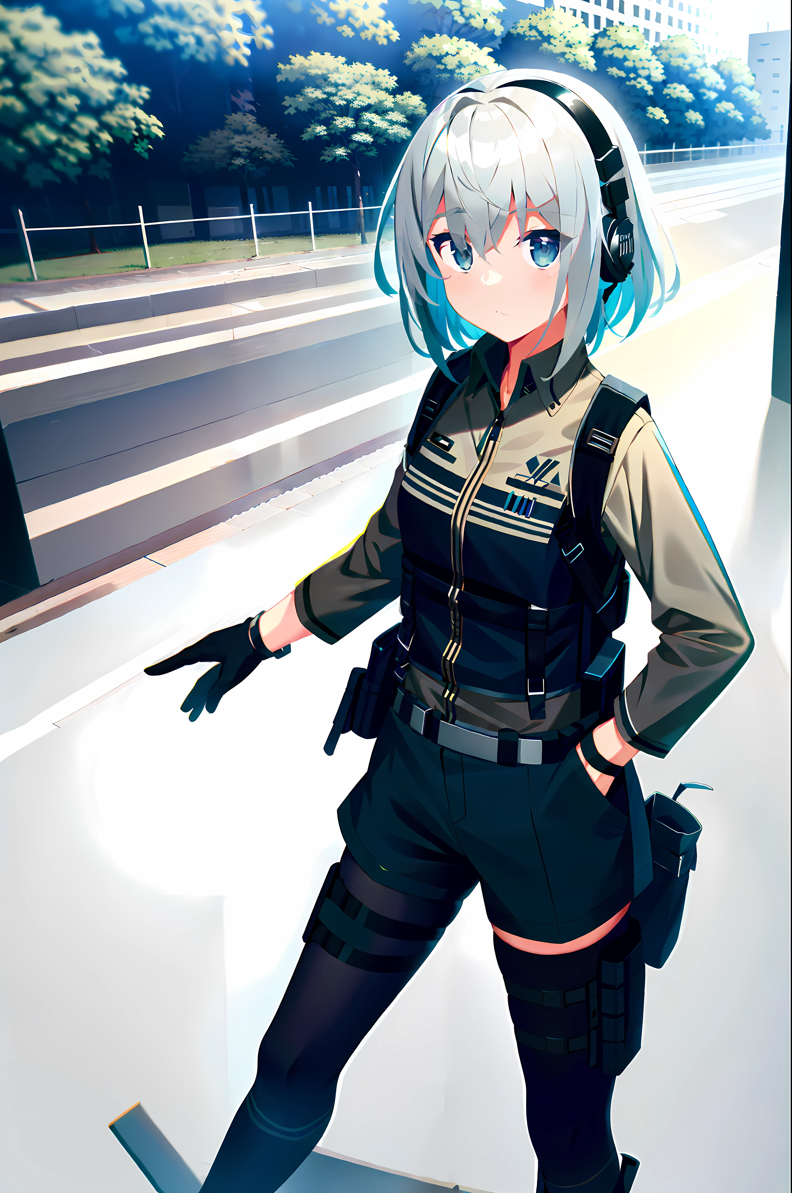 photo of a iom girl, 1girl, bangs, grey hair, blue eyes, bulletproof vest, gloves, headphones, holster, looking at viewer, medium hair, military, plate carrier, tactical clothes, (black and khaki clothes),  thigh holster, thigh strap, forest, running, black backpack, outdoors,