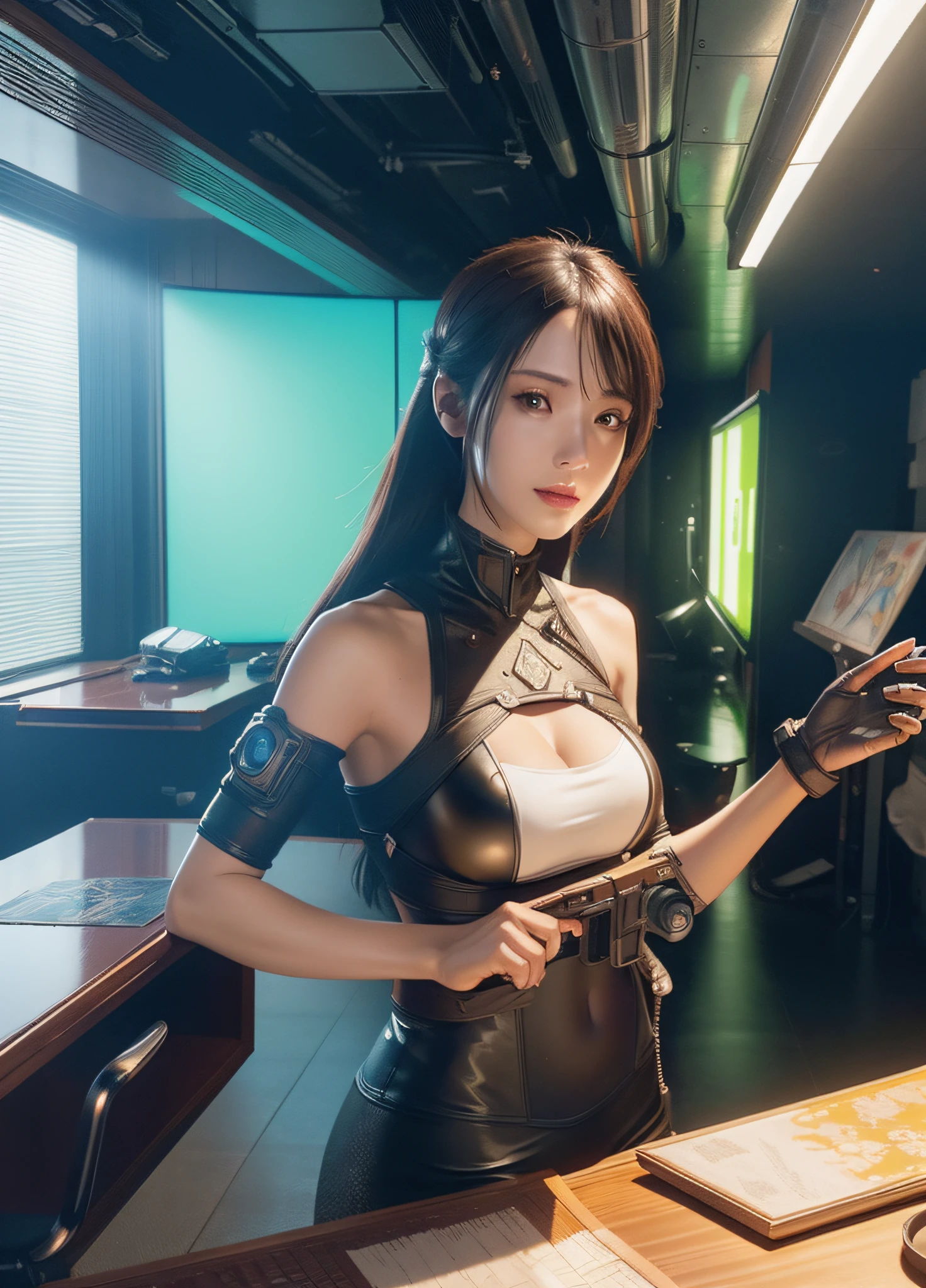 ((Best quality)), ((masterpiece)), (detailed:1.4), 3D, an image of a beautiful cyberpunk female,HDR (High Dynamic Range),Ray Tracing,NVIDIA RTX,Super-Resolution,Unreal 5,Subsurface scattering,PBR Texturing,Post-processing,Anisotropic Filtering,Depth-of-field,Maximum clarity and sharpness,Multi-layered textures,Albedo and Specular maps,Surface shading,Accurate simulation of light-material interaction,Perfect proportions,Octane Render,Two-tone lighting,Wide aperture,Low ISO,White balance,Rule of thirds,8K RAW,