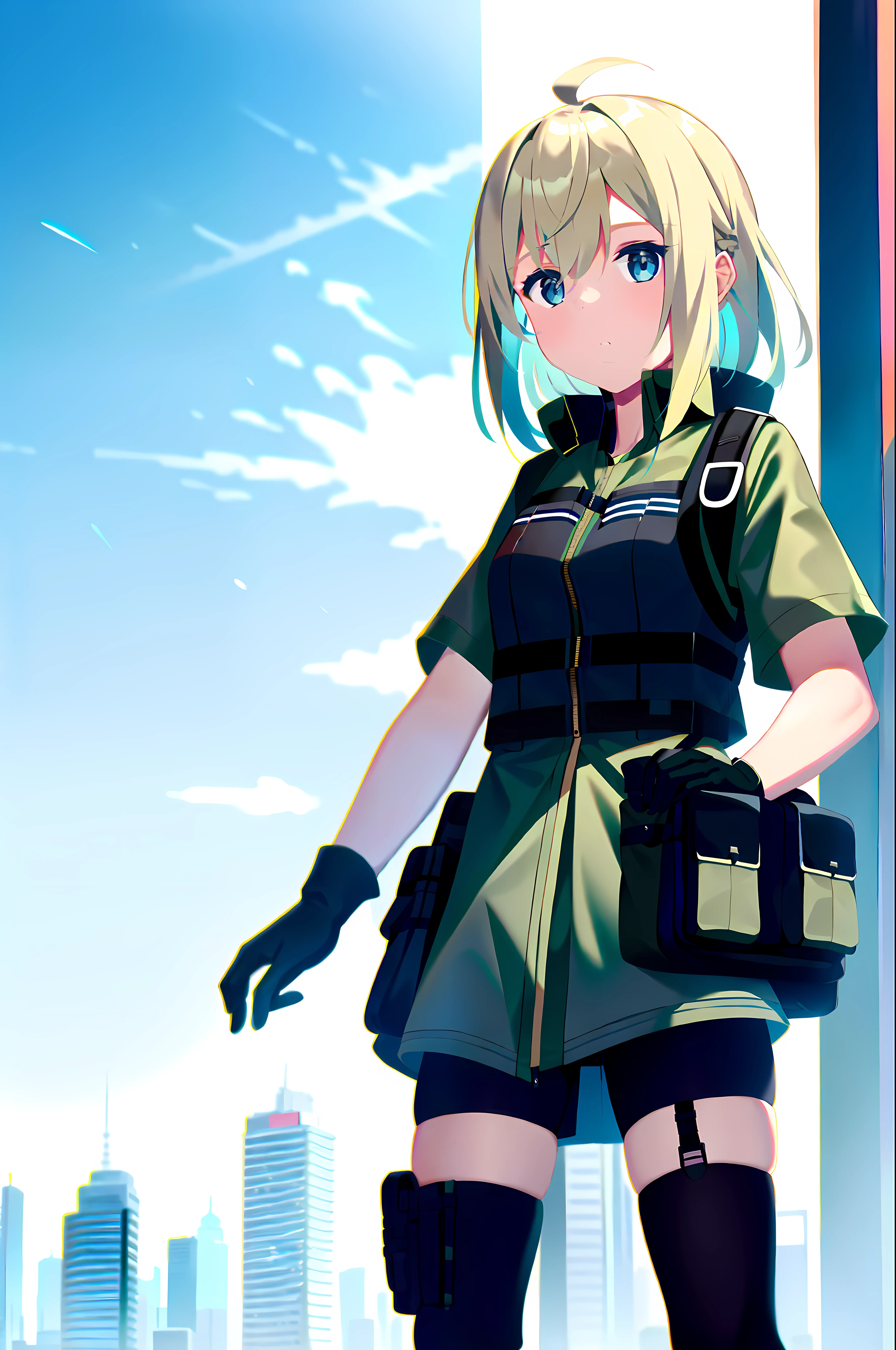 photo of a iom girl, 1girl, bangs, blonde hair, blue eyes, bulletproof vest, gloves, headphones, holster, looking at viewer, medium hair, military, plate carrier, tactical clothes, (black and khaki clothes),  thigh holster, thigh strap, forest, running, black backpack, outdoors,