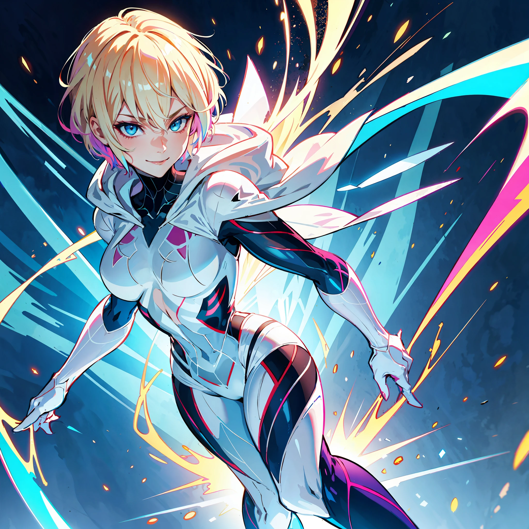 highres, highest quallity, illustration, ultra detailed, cinematic lighting, best quality, hyper detailed, masterpiece,1 spider-gwen girl, blond shaved sides hair, blue eyes, smile, solo, spider-gwen suit, spider gwen mask, hood, medium breasts, light rays, (colorful), (standing:1.2), cool tones, night time