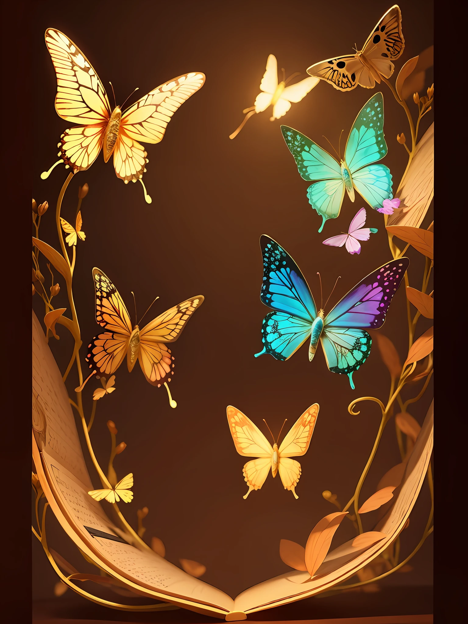 A complete glowing magic book, flying out all kinds of bizarre butterfly creatures, glowing and colorful butterflies, lifelike butterflies, exquisite magic books, complete pictures, creative creativity, best quality, fantasy art, beautiful anime scenes, complete pictures, magic books can shine, magic books are exquisite