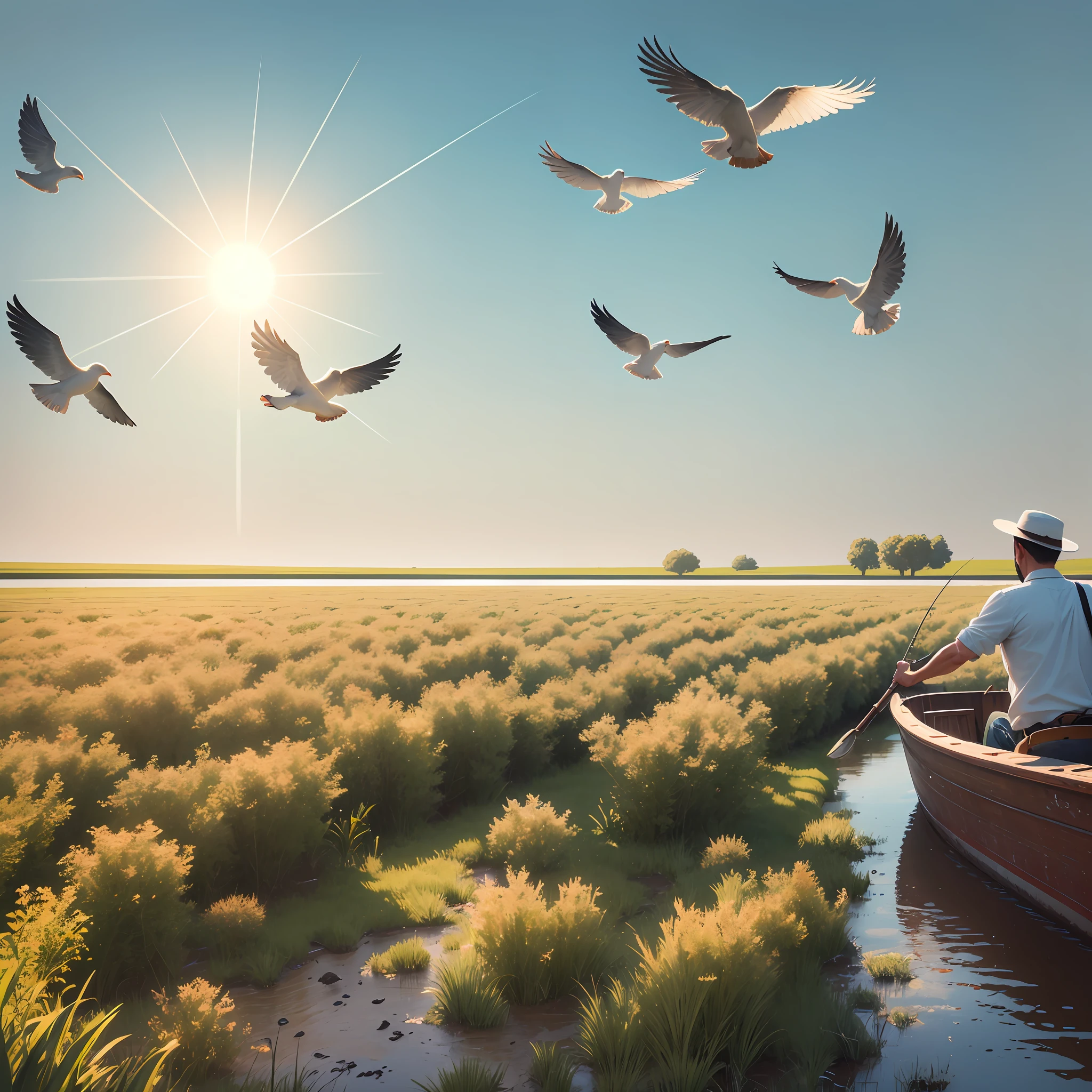 It generates an image of men in the field working in the fields, but with eyes turned to a clear sky, shimmering sun, with sparse white clouds, birds flying, a river next to it, with a boat and fishermen fishing, illustration type, 3D, 4K, 16:9 --auto --s2