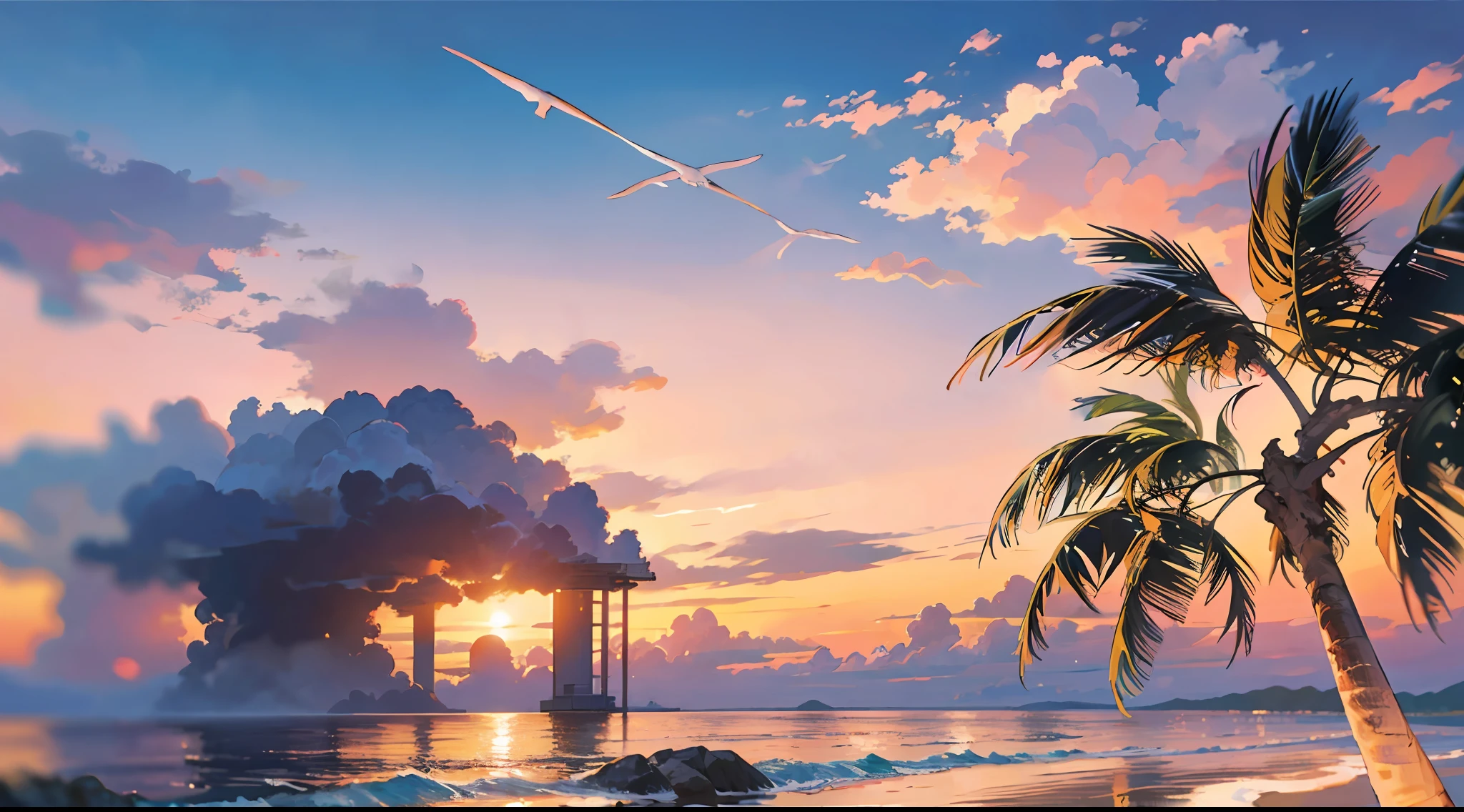 Absolutely mesmerizing sunset on the beach with a mix of oranges, pinks and yellows in the sky. The water is crystal clear, gently kissing the shore, and the white sand is endless. The scenes are action-packed and breathtaking, with seagulls soaring high in the sky and palm trees swaying gently. Immerse yourself in the calm atmosphere and let the serenity surround you. --auto --s2