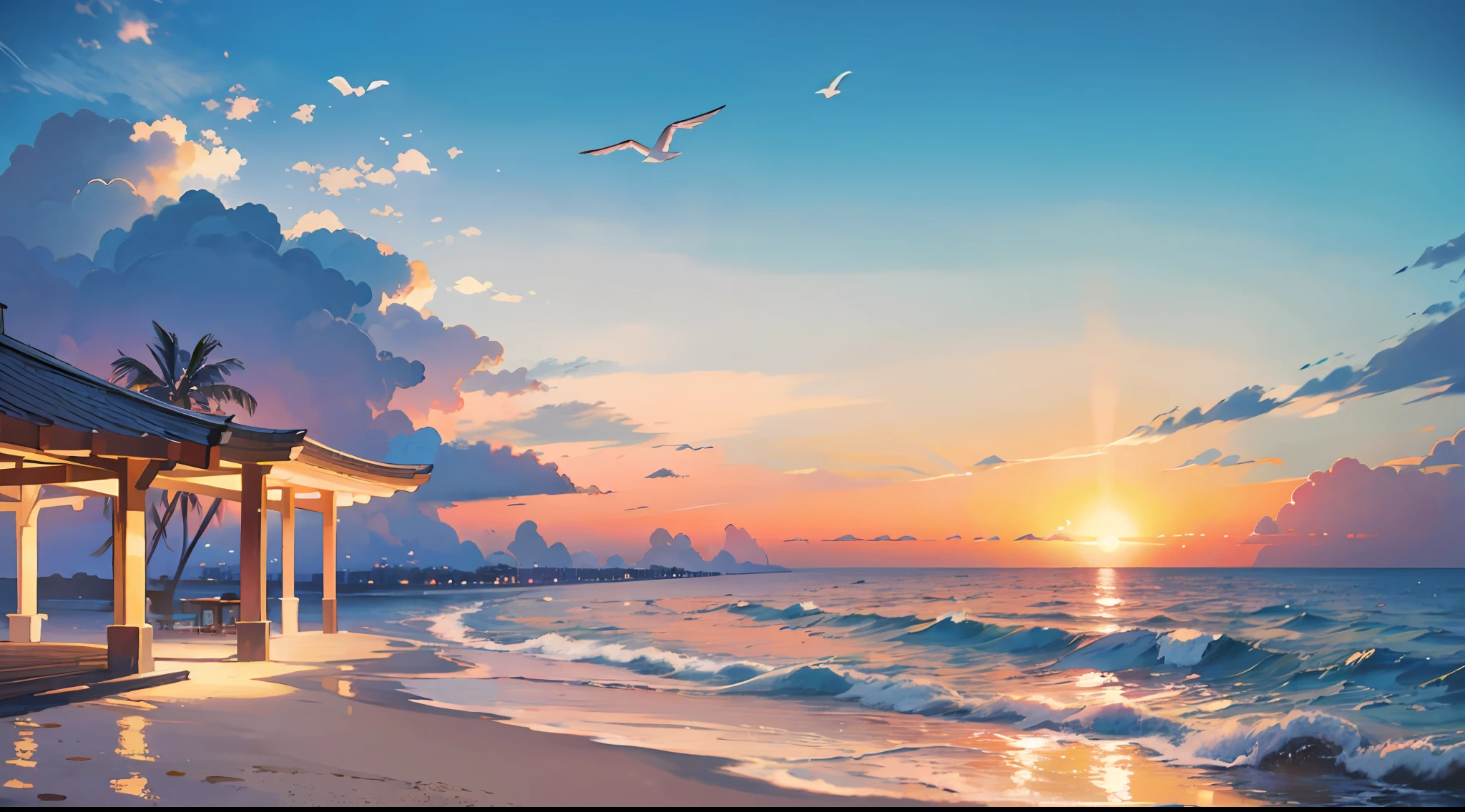 Absolutely mesmerizing sunset on the beach with a mix of oranges, pinks and yellows in the sky. The water is crystal clear, gently kissing the shore, and the white sand is endless. The scenes are action-packed and breathtaking, with seagulls soaring high in the sky and palm trees swaying gently. Immerse yourself in the calm atmosphere and let the serenity surround you. --auto --s2