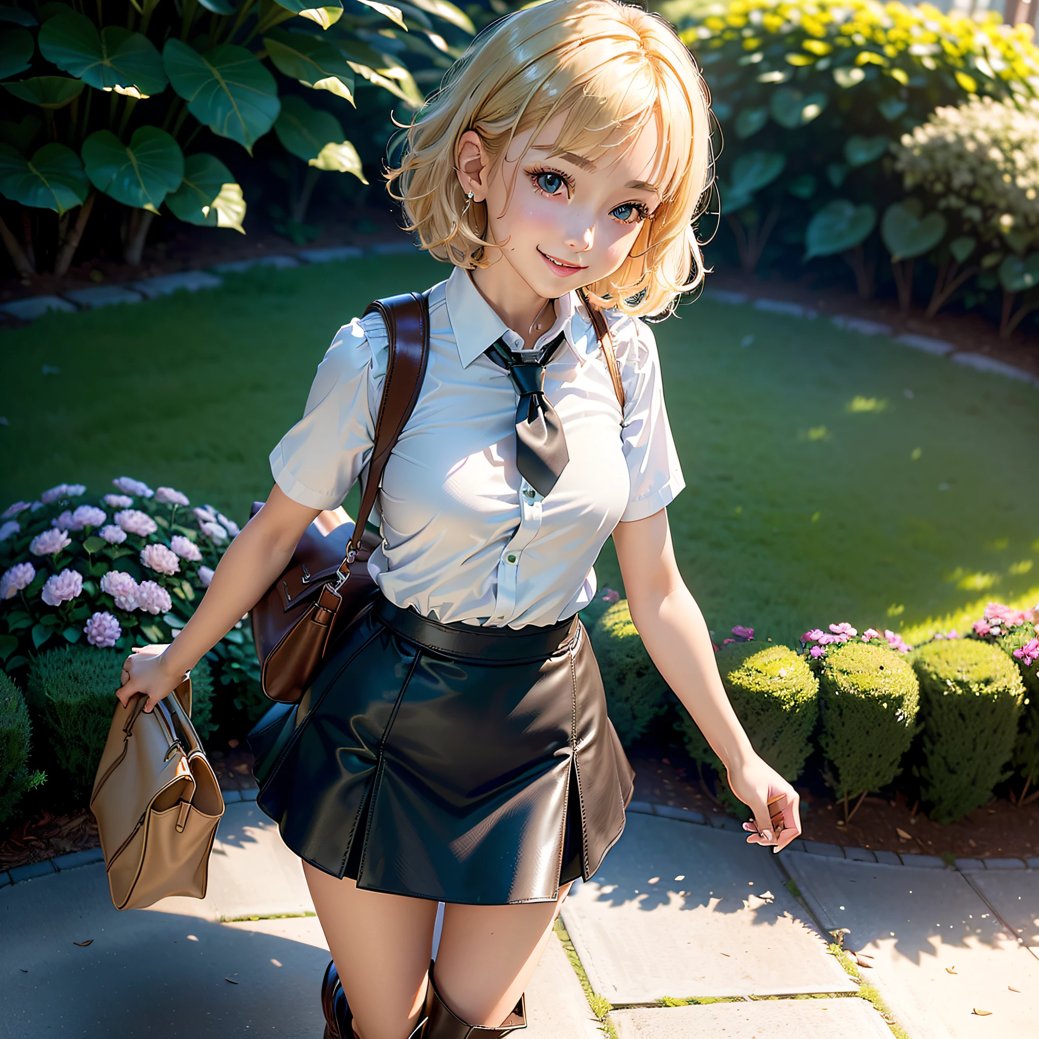 (Masterpiece, highest quality, highest resolution, distinct_image, very elaborate CG, cinematic lighting, ray tracing, drop shadows, detailed detail, (photorealistic: 1.4), high quality textures, fine-grained, realistic face expression): (lone girl, face is Japan, short golden hair, small size breasts, sparkling eyes, Eye level shot, happy smile, beauty, slim body, holiday, skirt, white shirt with collar, leather vest, cardian, handgun holder, carrying leather bag on back, long boots, tie, season of fresh greenery, sunny day with good climate, green park, lush trees, wide lawn, promenade in park, flowers blooming in flower beds, street, fountain, Active Angle, Active Action)